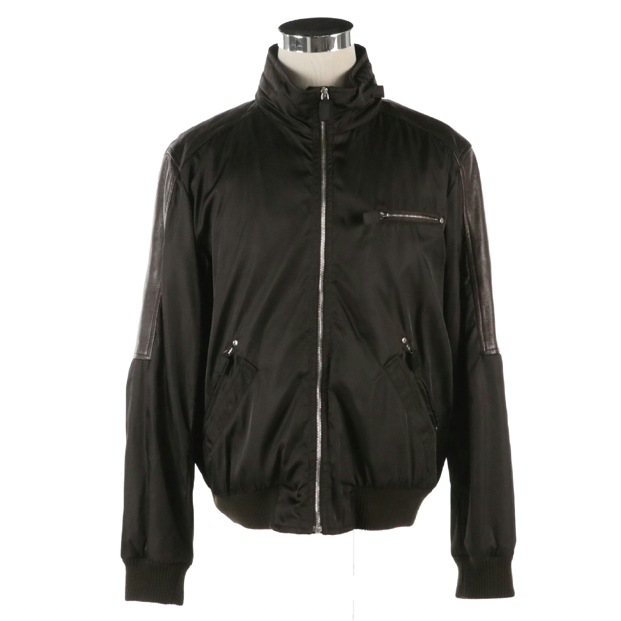 Men's Prada Dark Brown Nylon and Leather Bomber Jacket