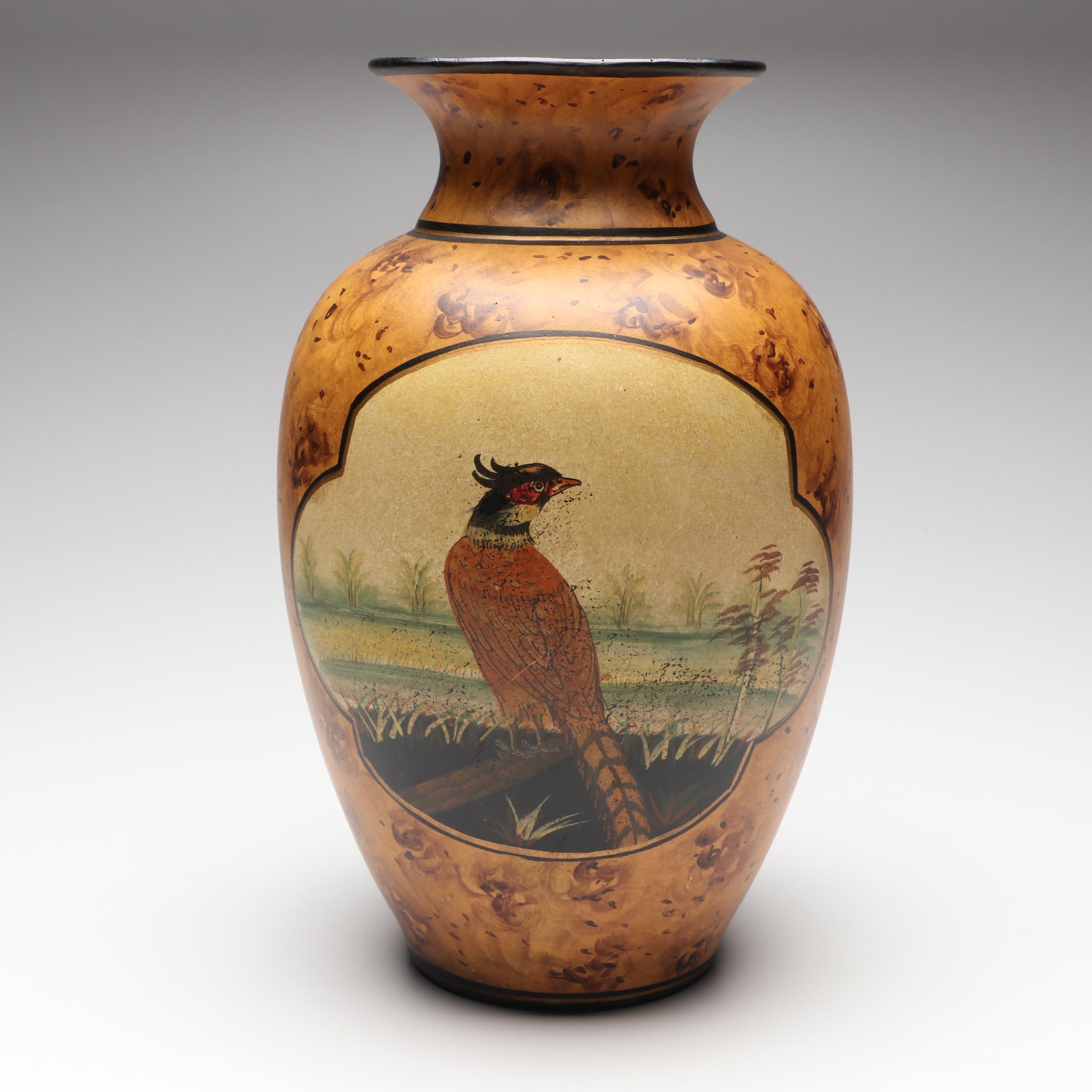 Faux Bois Painted Ceramic Vase with Pheasant Cameo