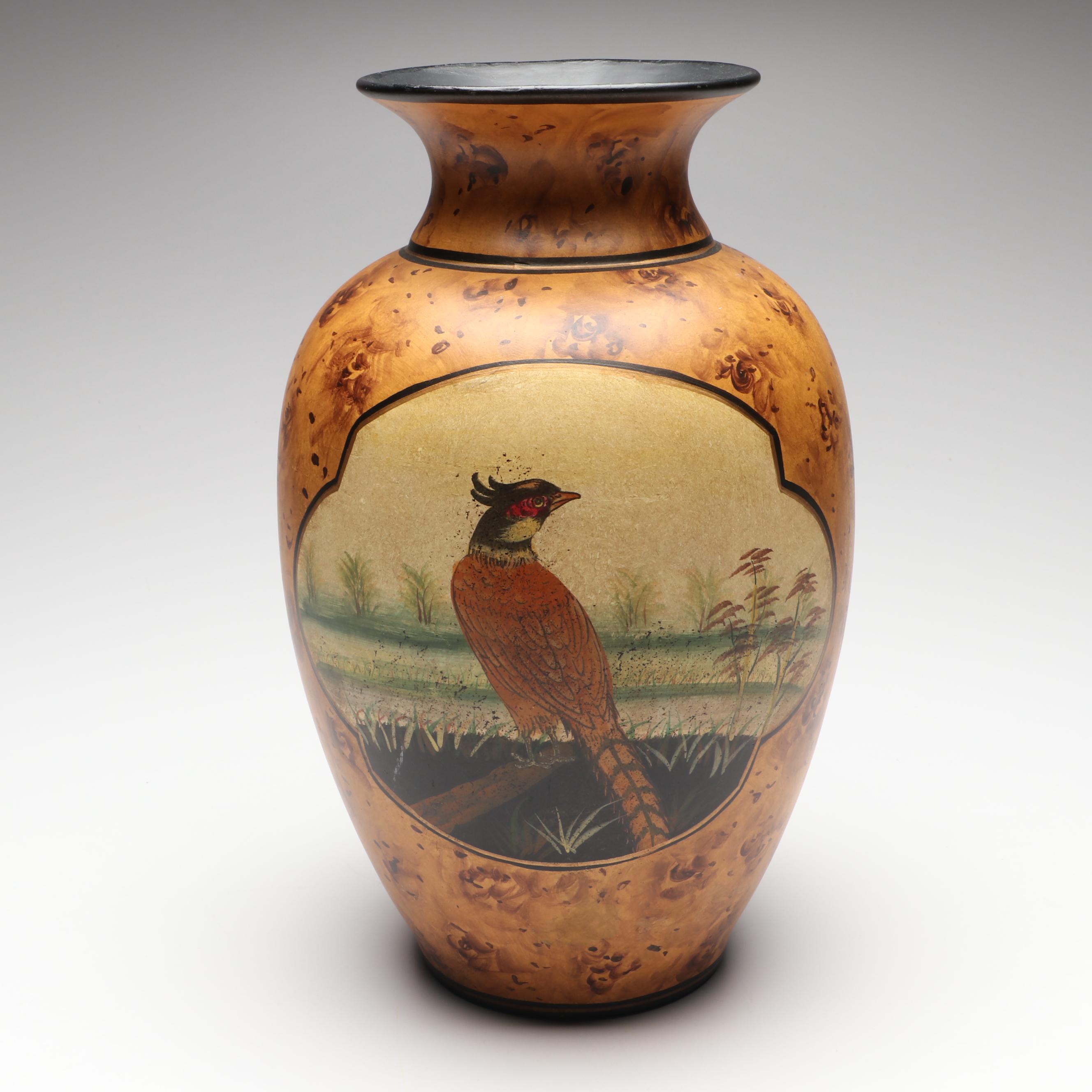 Faux Bois Painted Ceramic Vase with Pheasant Cameo