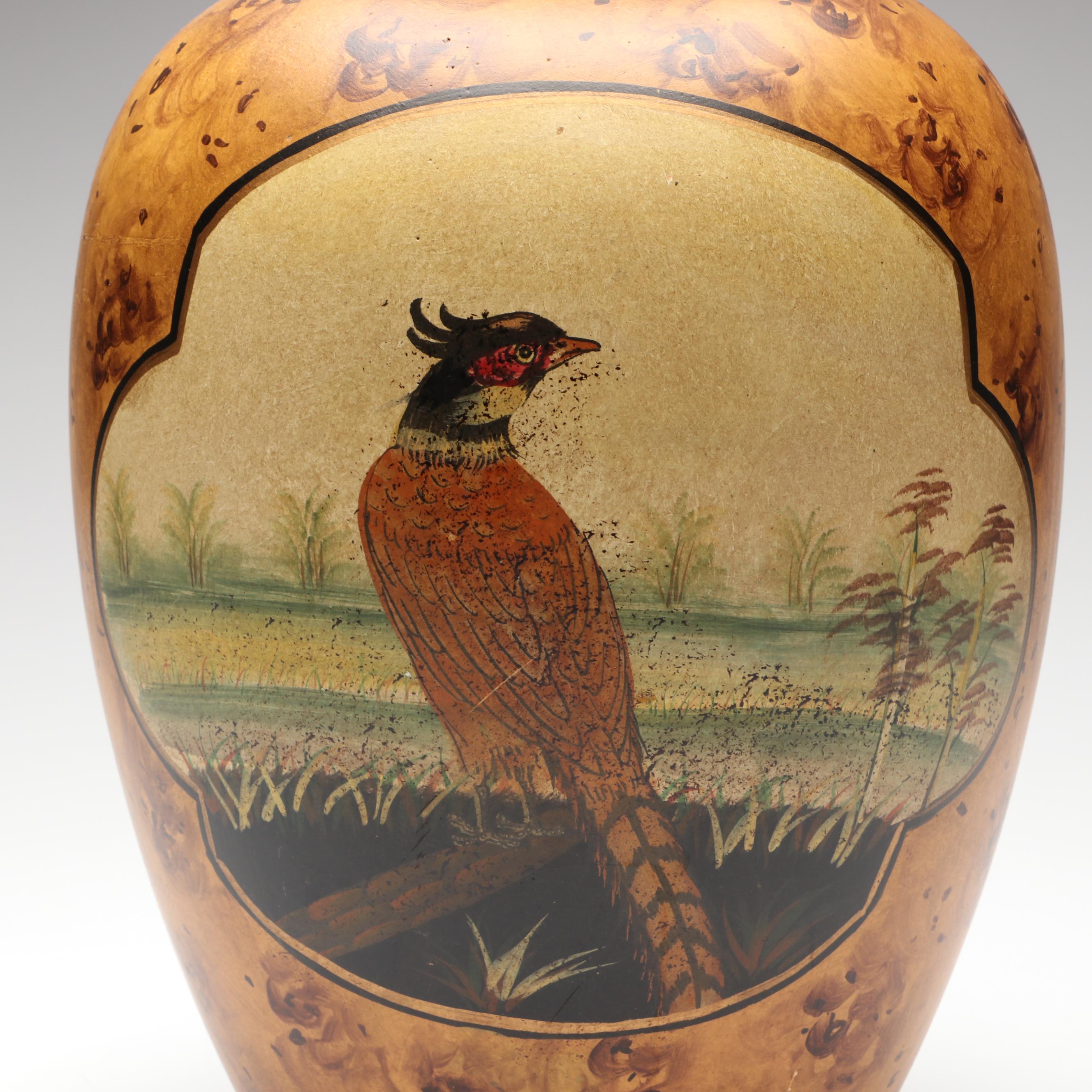 Faux Bois Painted Ceramic Vase with Pheasant Cameo