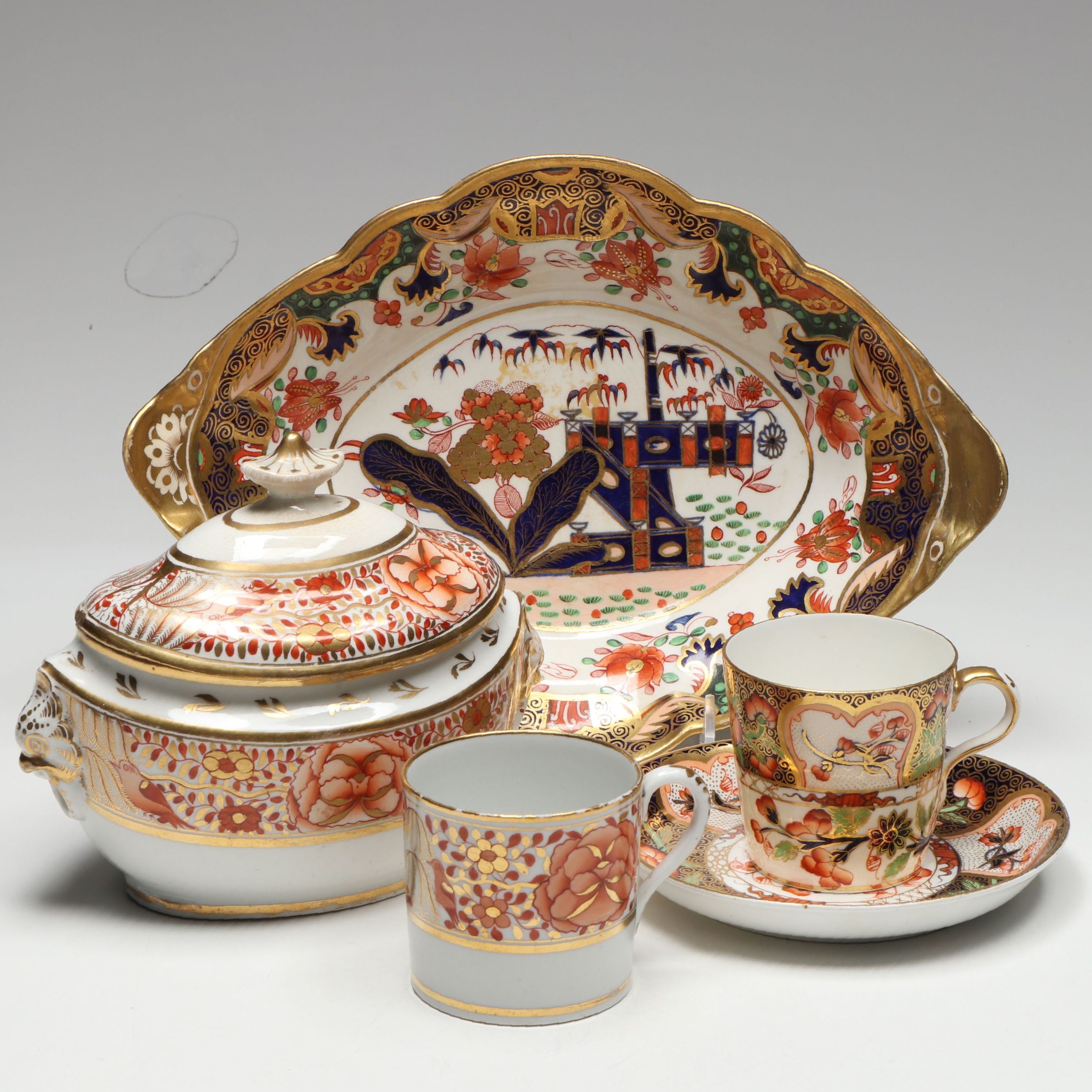 Davenport and Other Other Imari Style Cups, Saucer, Sugar Bowl, and Serving Bowl