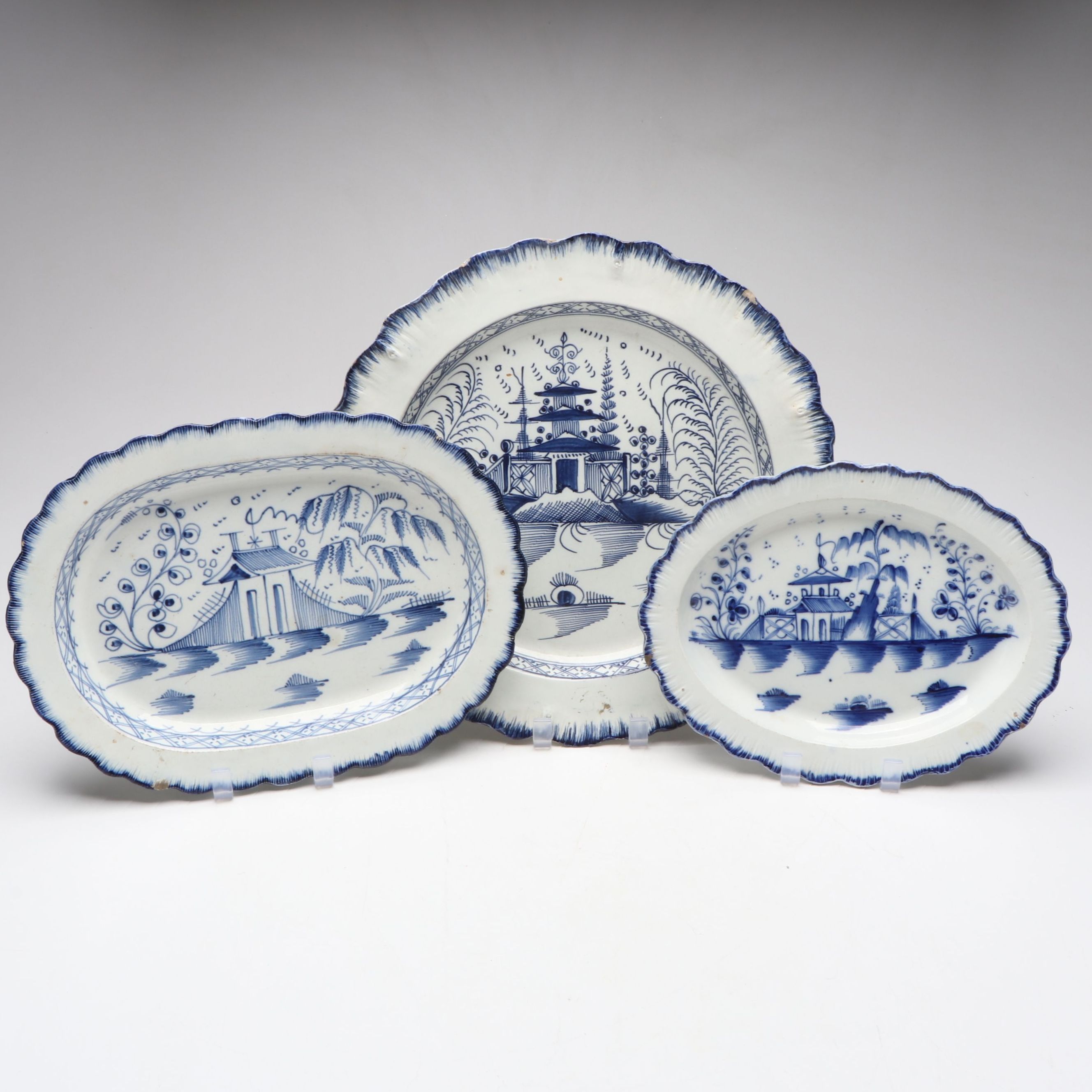 English Delft Pagoda Pattern Feather Edge Serving Pieces, 18th Century