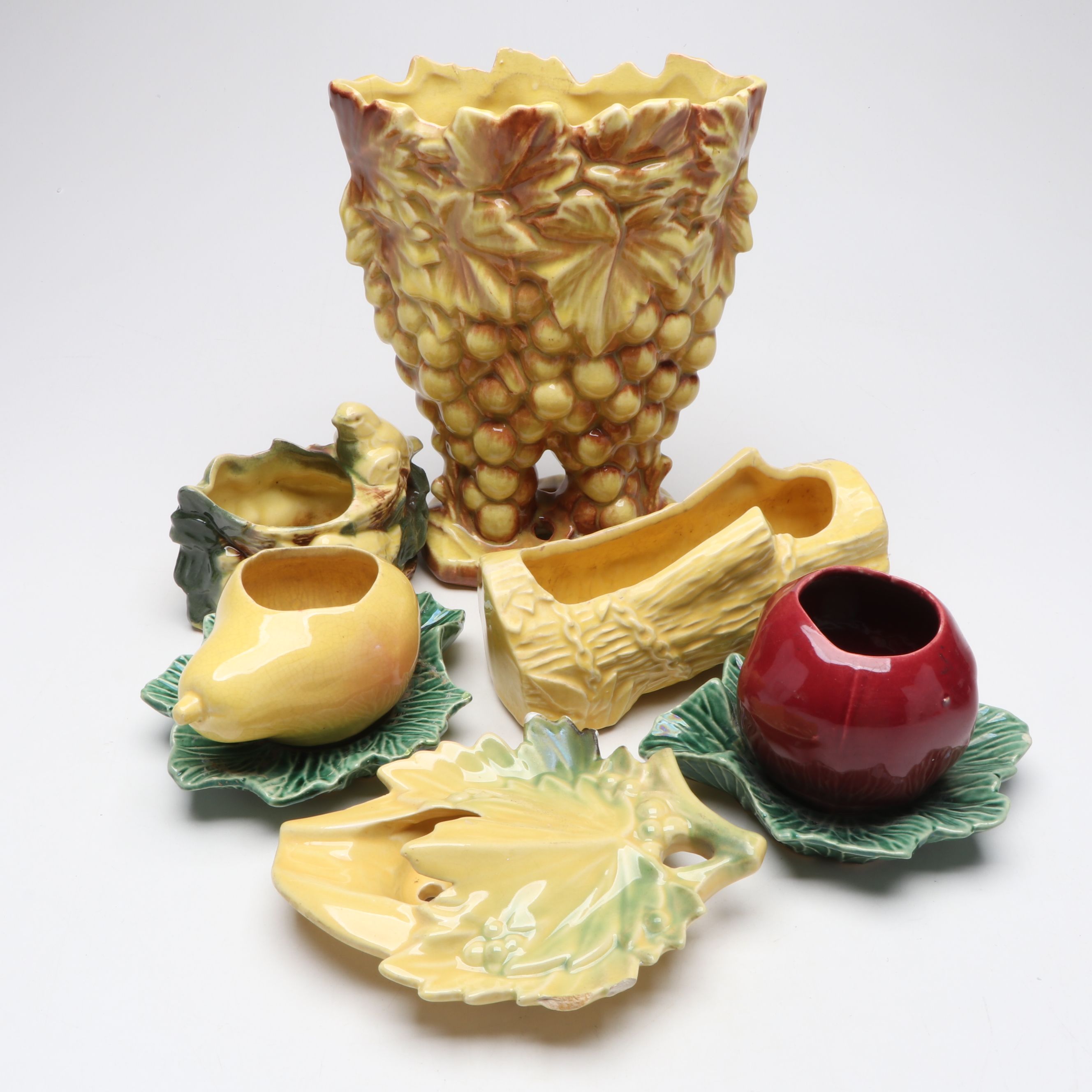McCoy Pottery Yellow Grape Vase with Wall Pocket and Ceramic Figural Planters