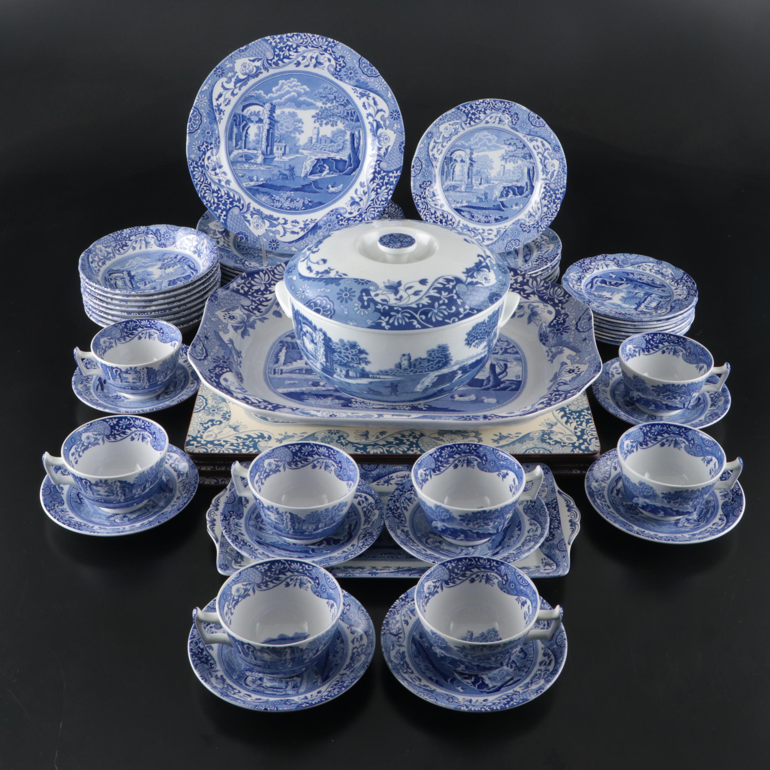 Spode "Blue Italian" Dinnerware and Serving Pieces with "Blue Room" Place Mats