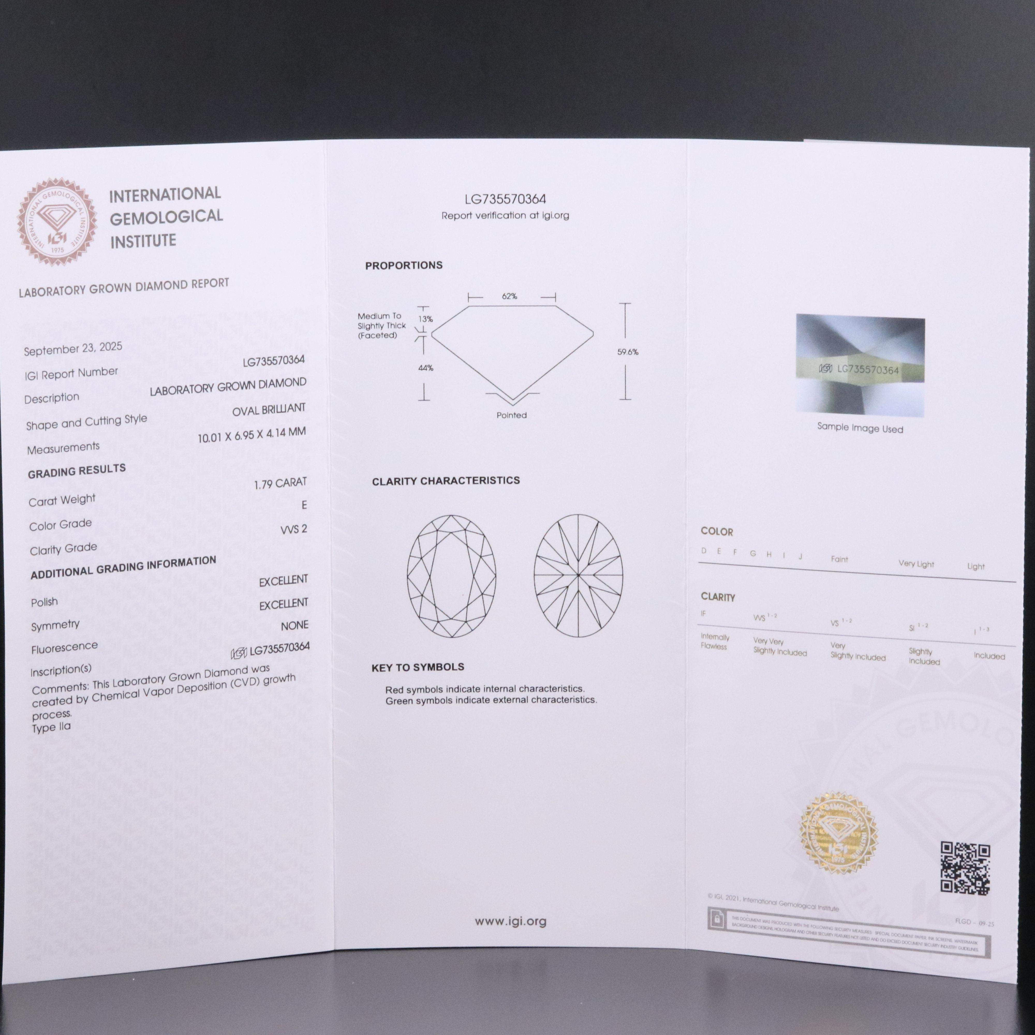 Loose 1.79 CT Lab Grown Diamond with IGI Report