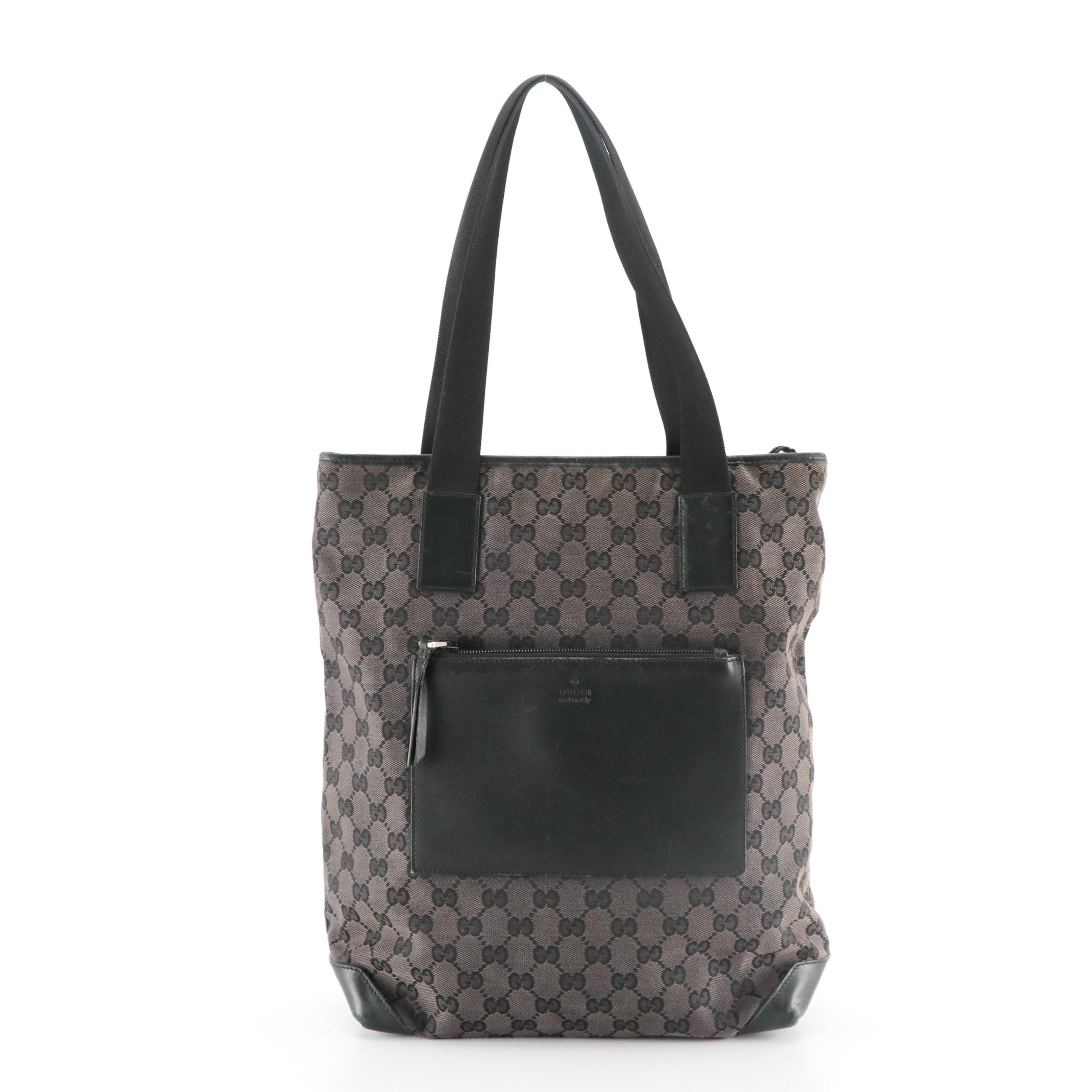 Gucci Front Pocket Shoulder Tote in Dark Grey GG Canvas and Black Leather Trim