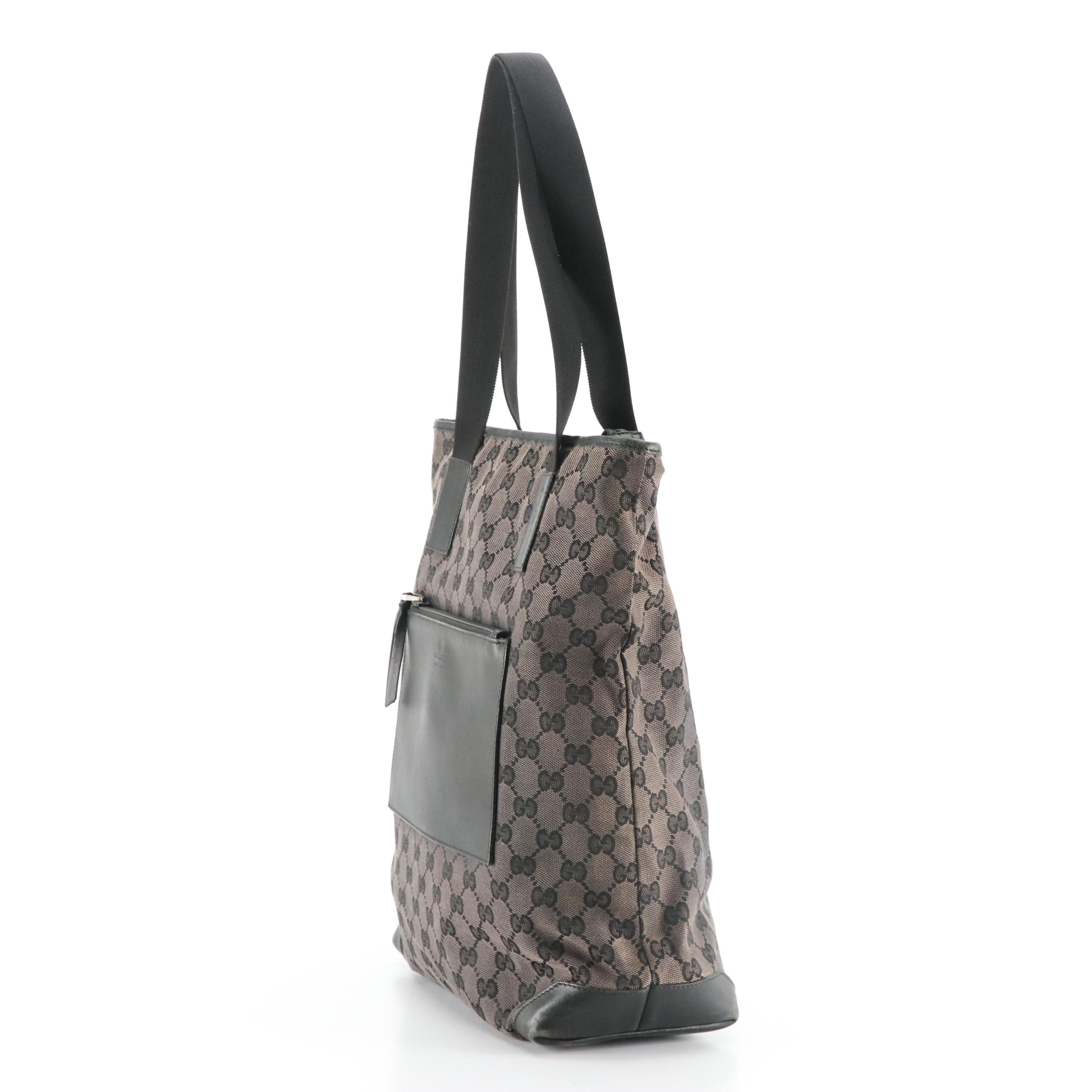 Gucci Front Pocket Shoulder Tote in Dark Grey GG Canvas and Black Leather Trim