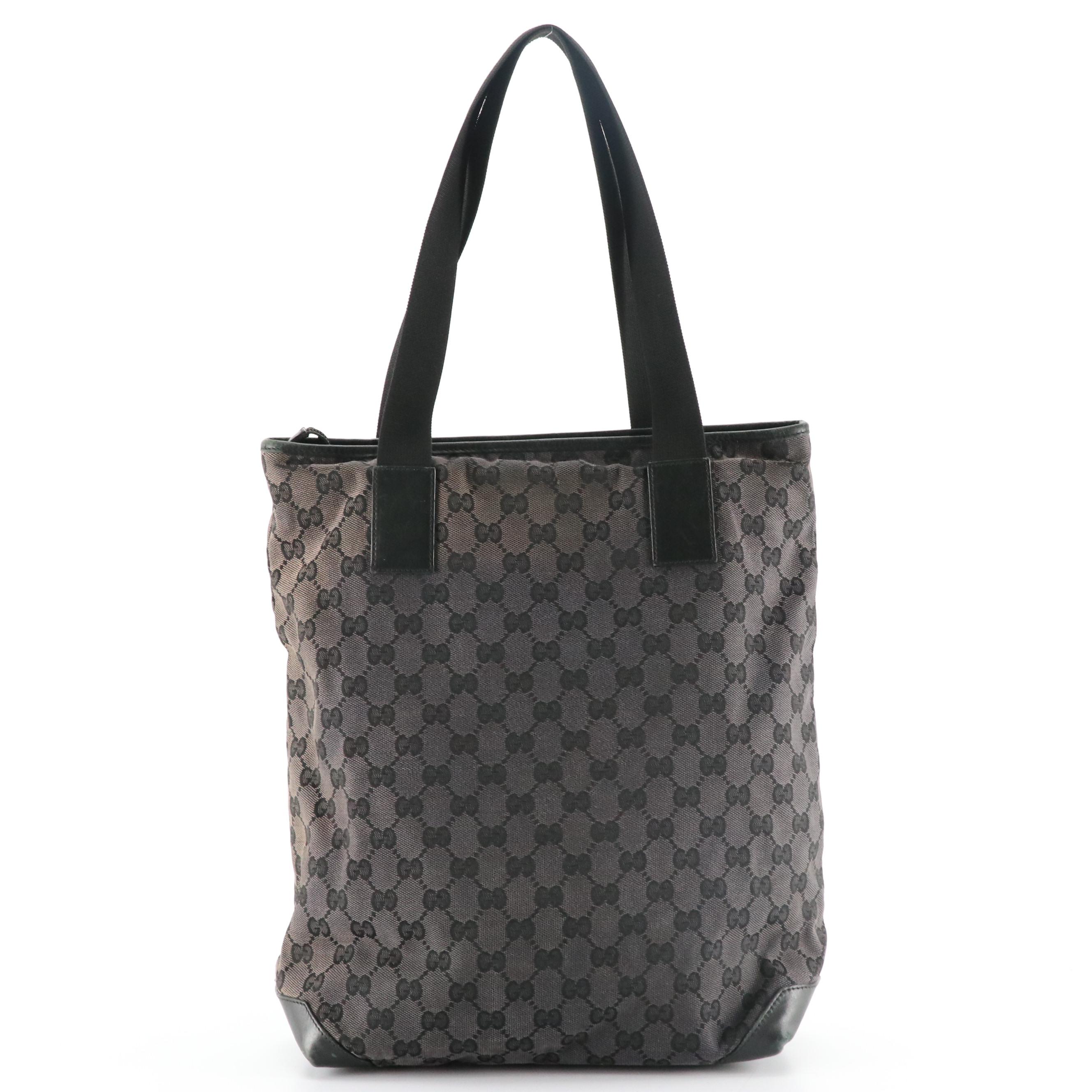 Gucci Front Pocket Shoulder Tote in Dark Grey GG Canvas and Black Leather Trim