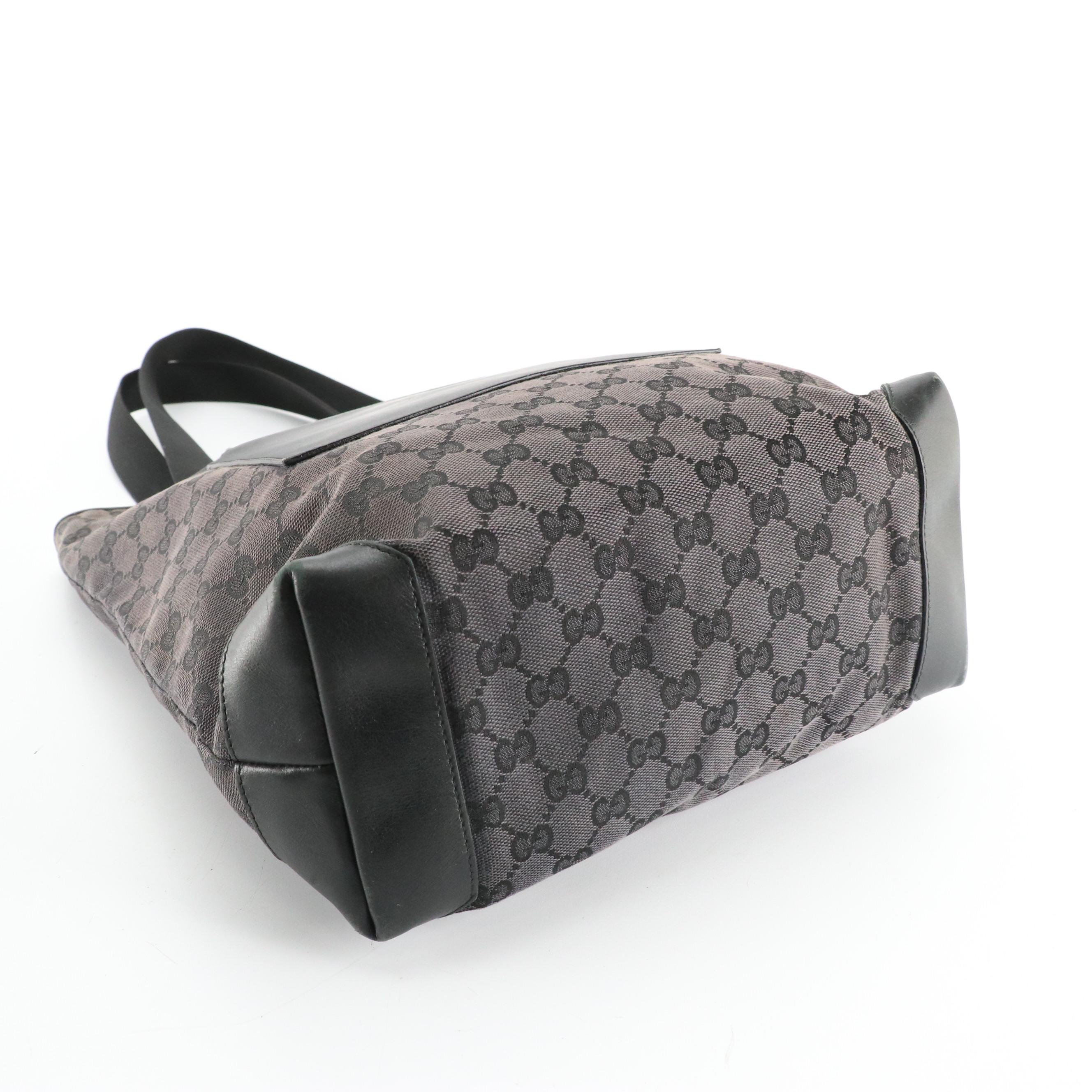 Gucci Front Pocket Shoulder Tote in Dark Grey GG Canvas and Black Leather Trim