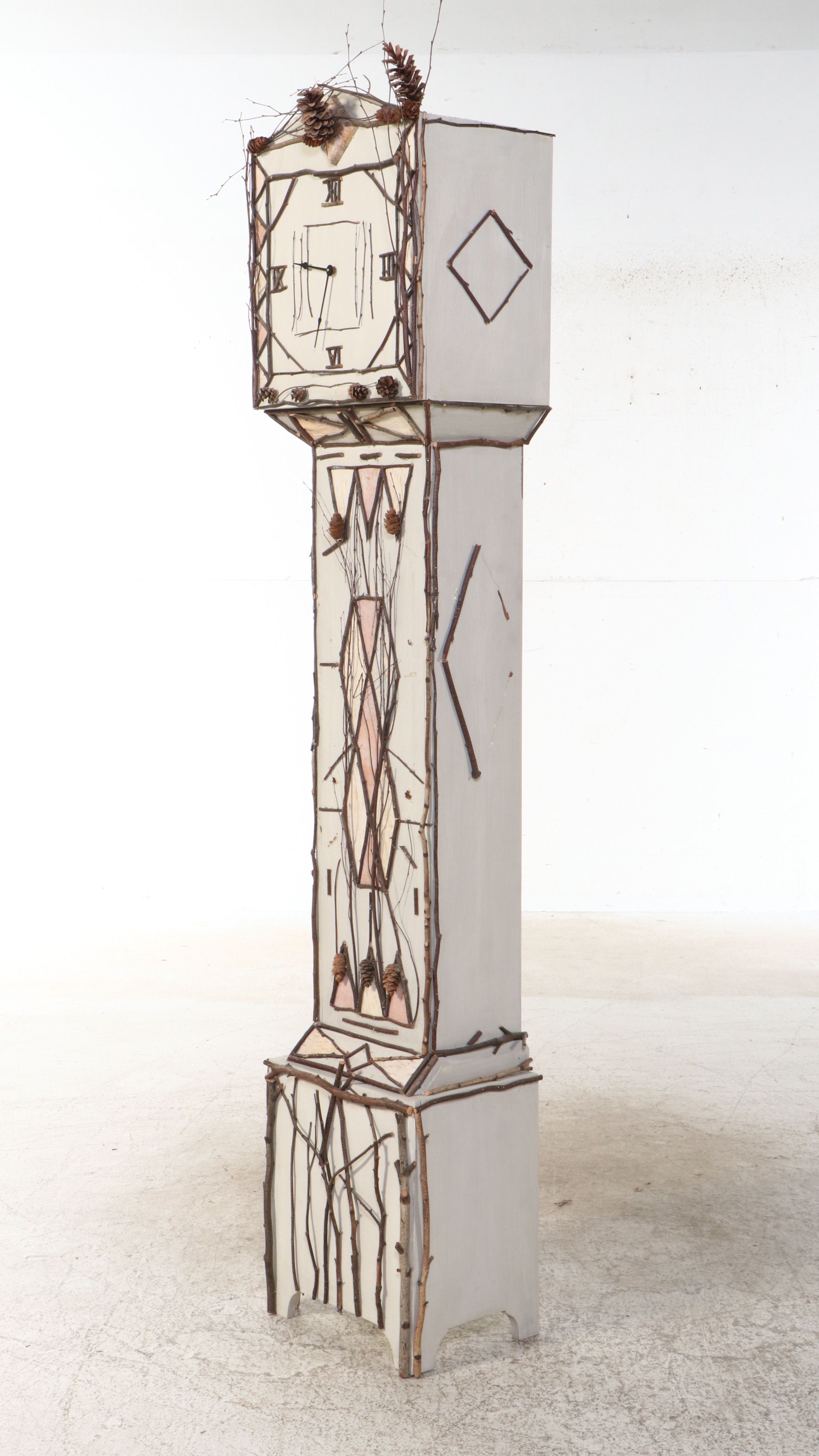 Adirondack Style Painted Grandfather Clock with Applied Twig Decoration