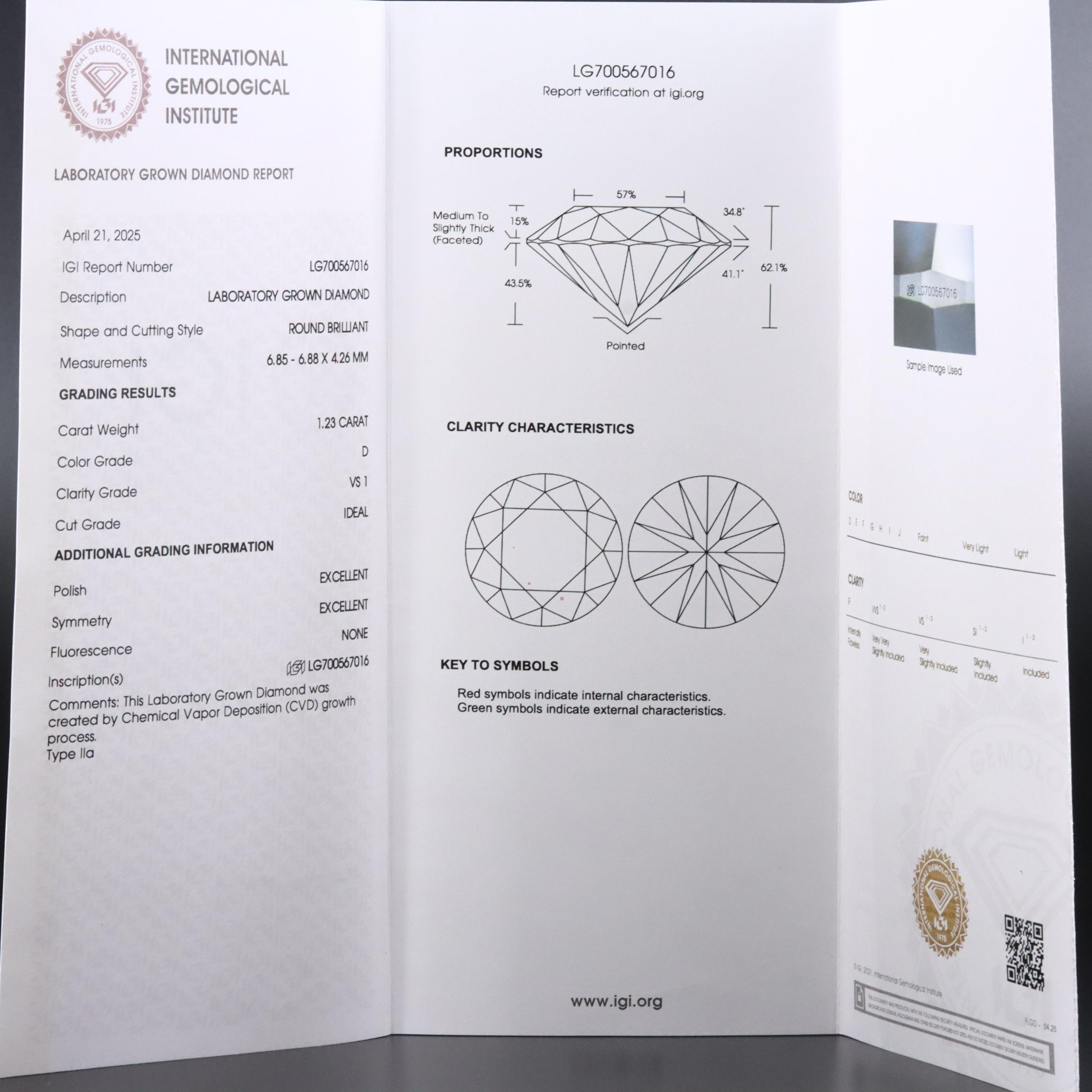 Loose 1.23 CT Lab Grown Diamond with IGI Report