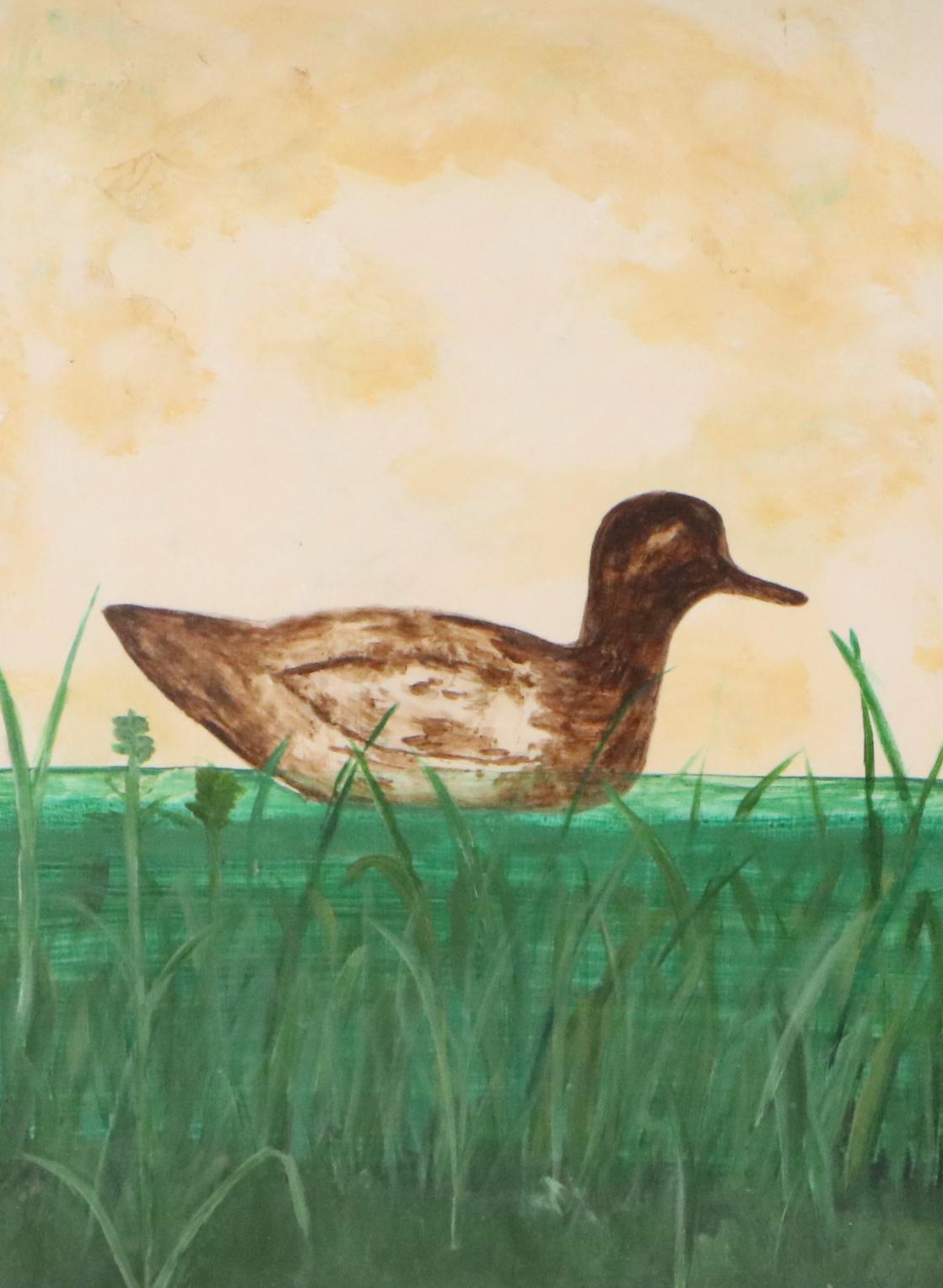 Landscape Acrylic Painting of Duck Swimming on Pond