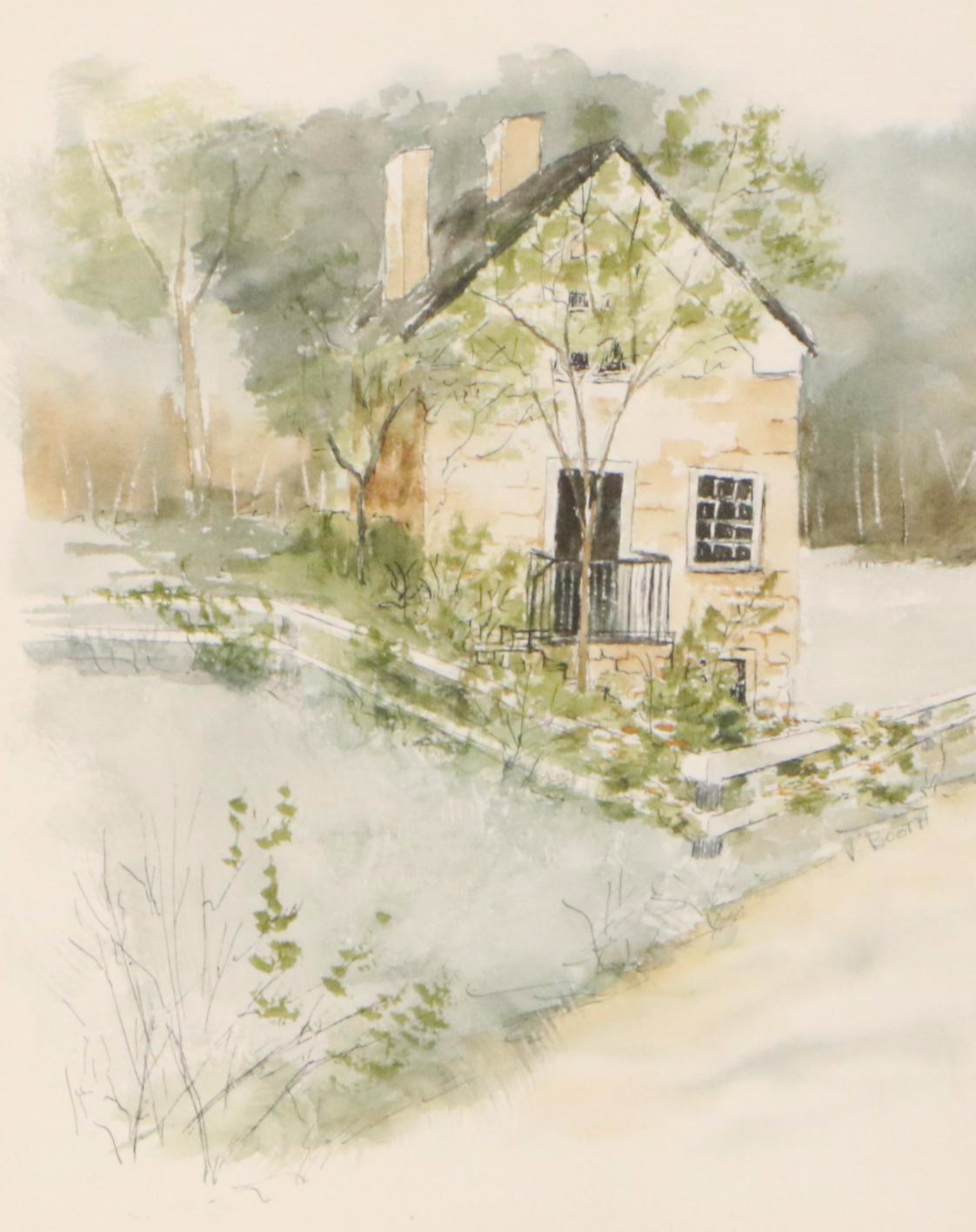 J. Booth Impressionistic Style Landscape Watercolor Painting of Cottage