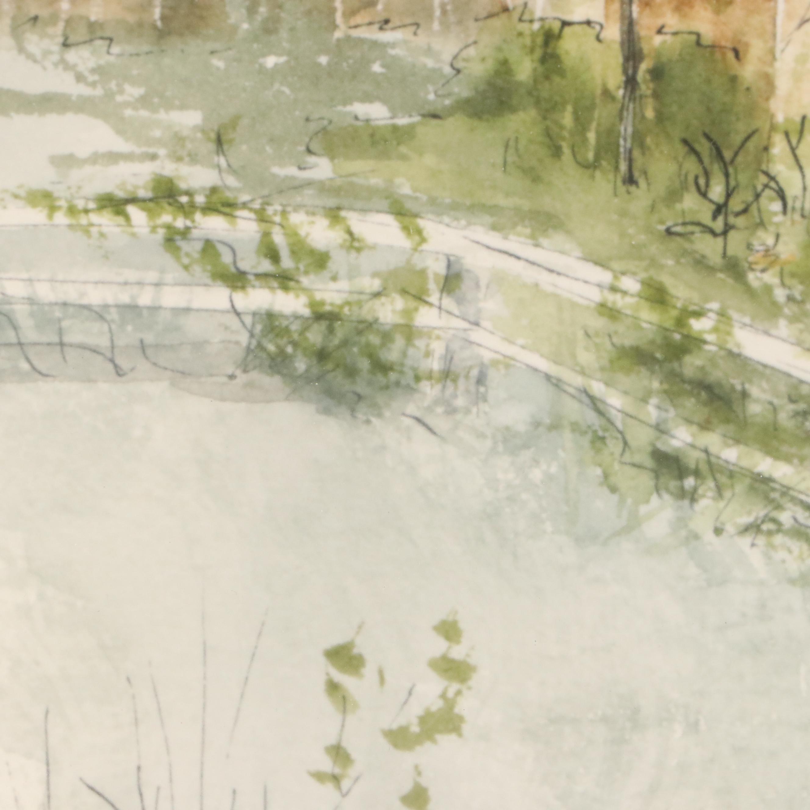 J. Booth Impressionistic Style Landscape Watercolor Painting of Cottage