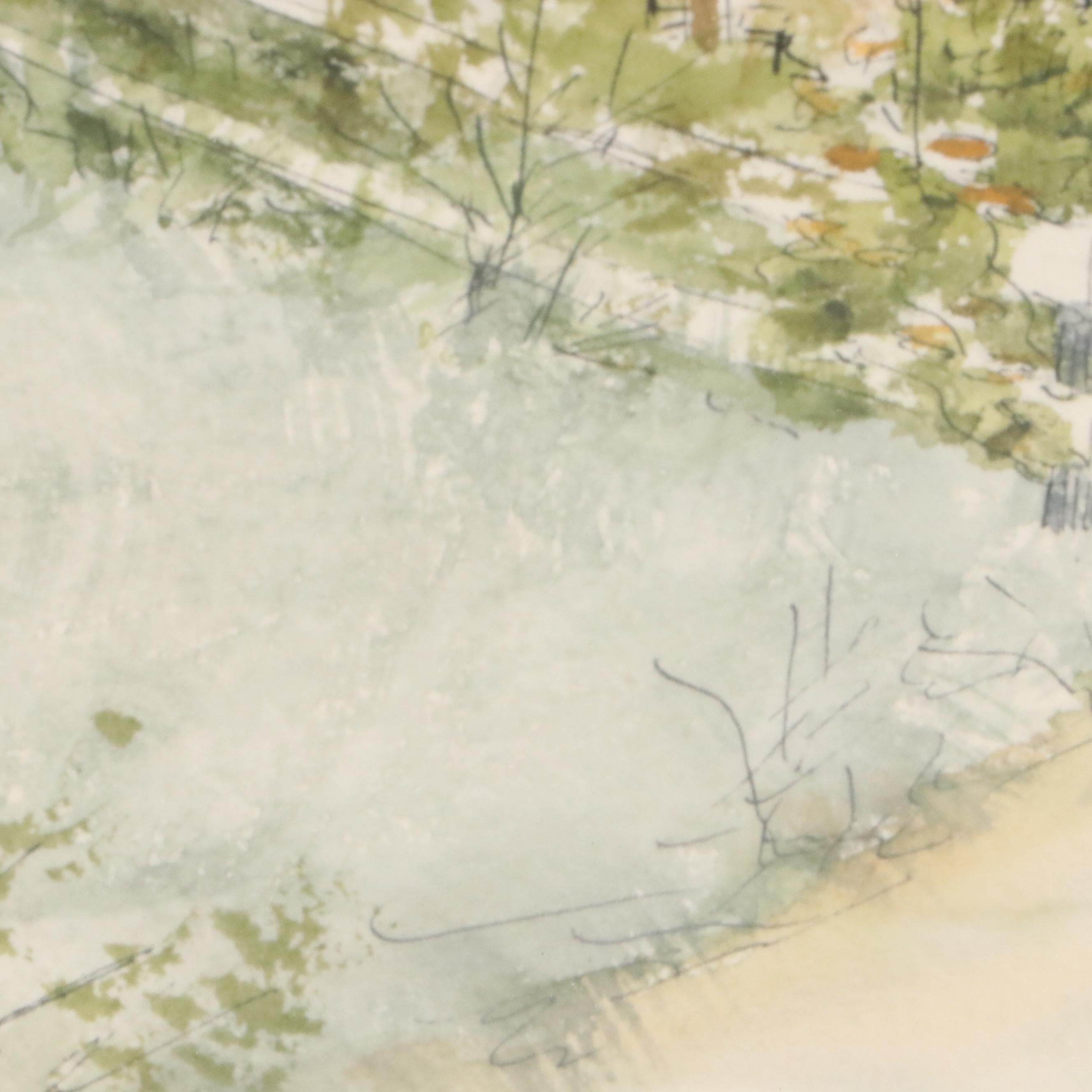 J. Booth Impressionistic Style Landscape Watercolor Painting of Cottage