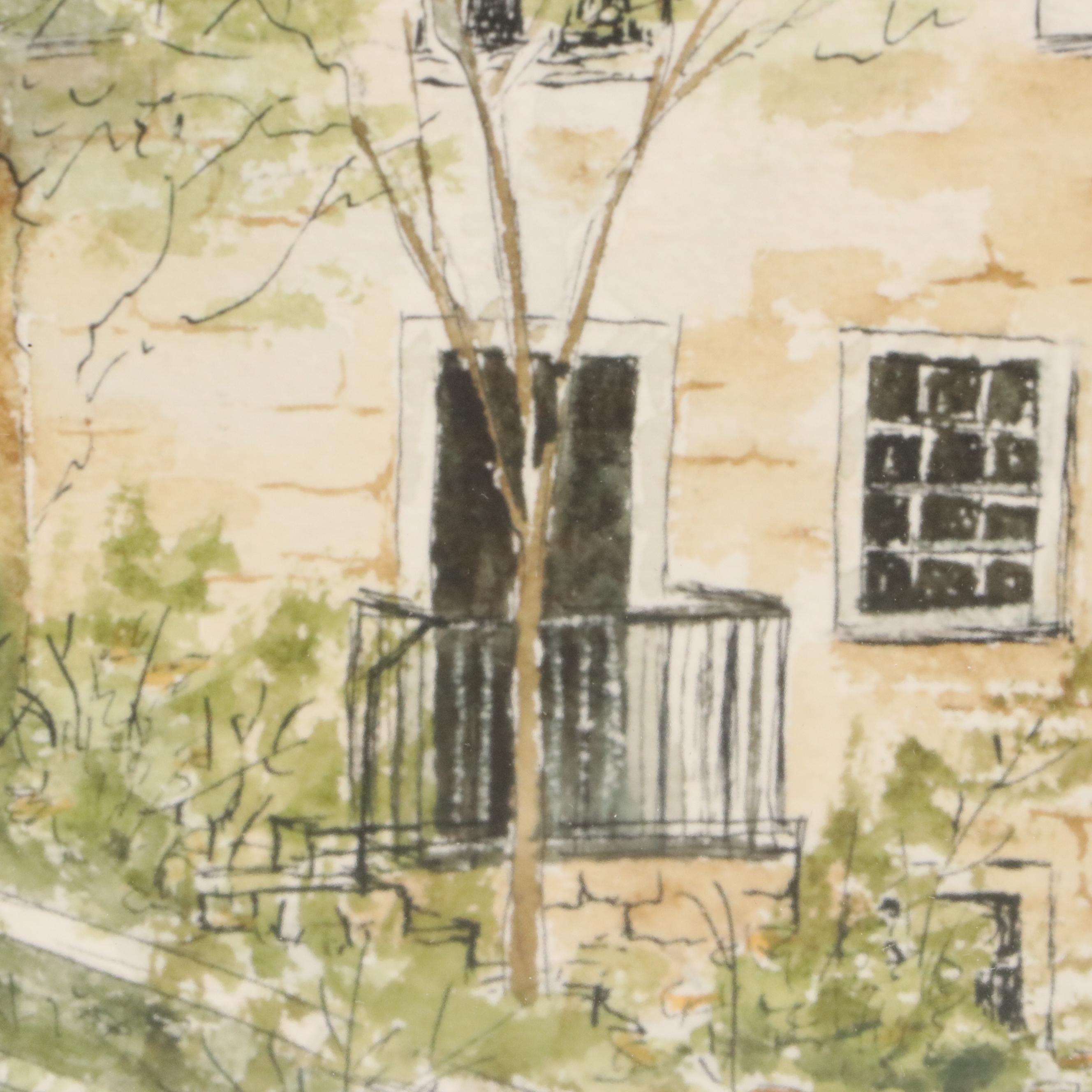 J. Booth Impressionistic Style Landscape Watercolor Painting of Cottage