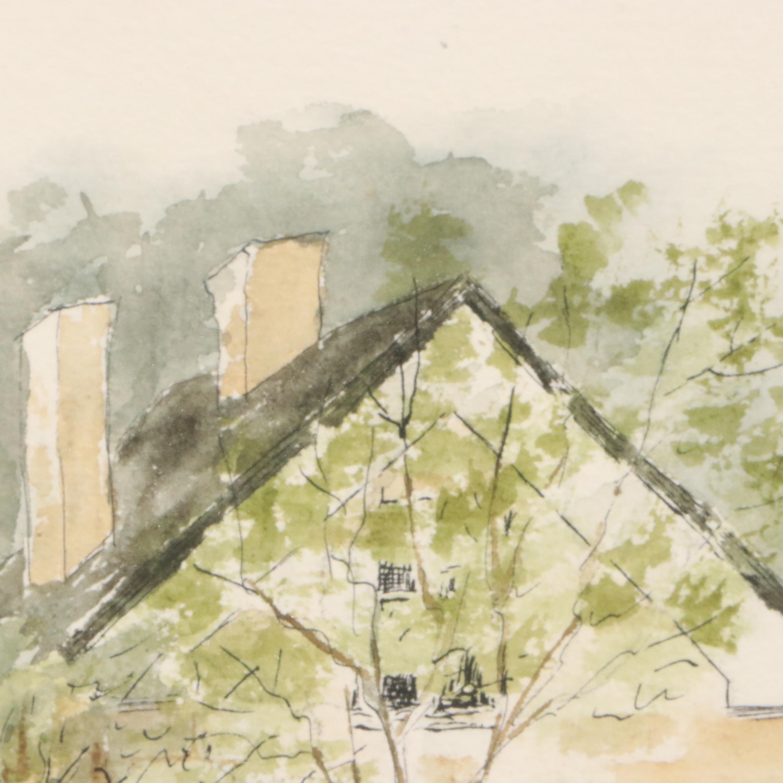 J. Booth Impressionistic Style Landscape Watercolor Painting of Cottage