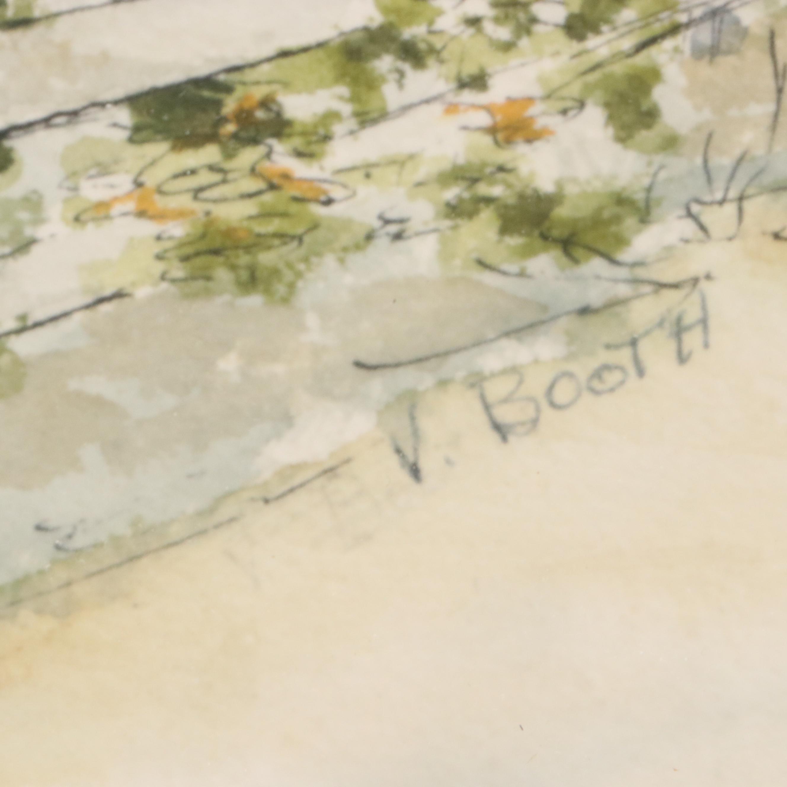 J. Booth Impressionistic Style Landscape Watercolor Painting of Cottage