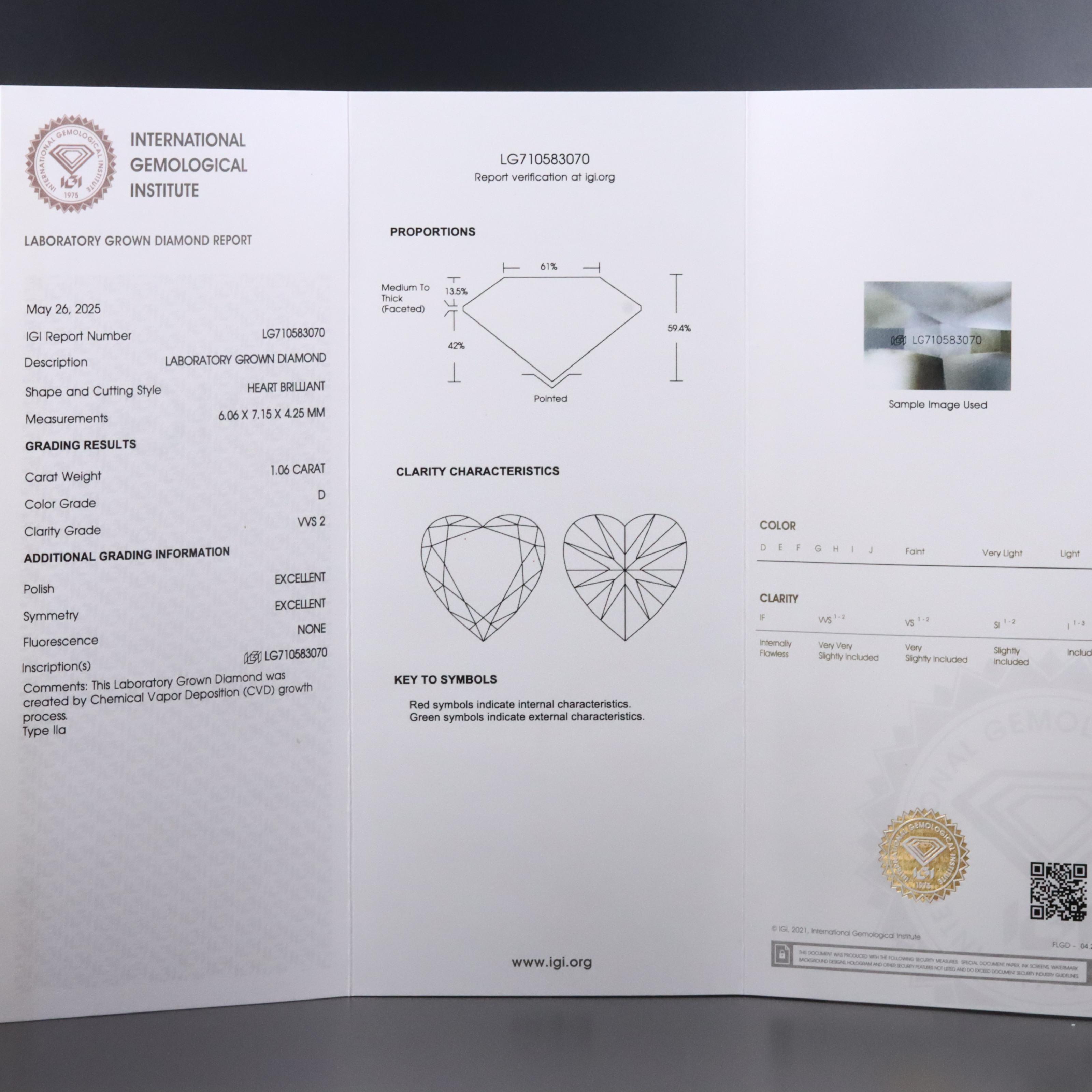 Loose 1.06 CT Lab Grown Diamond with IGI Report