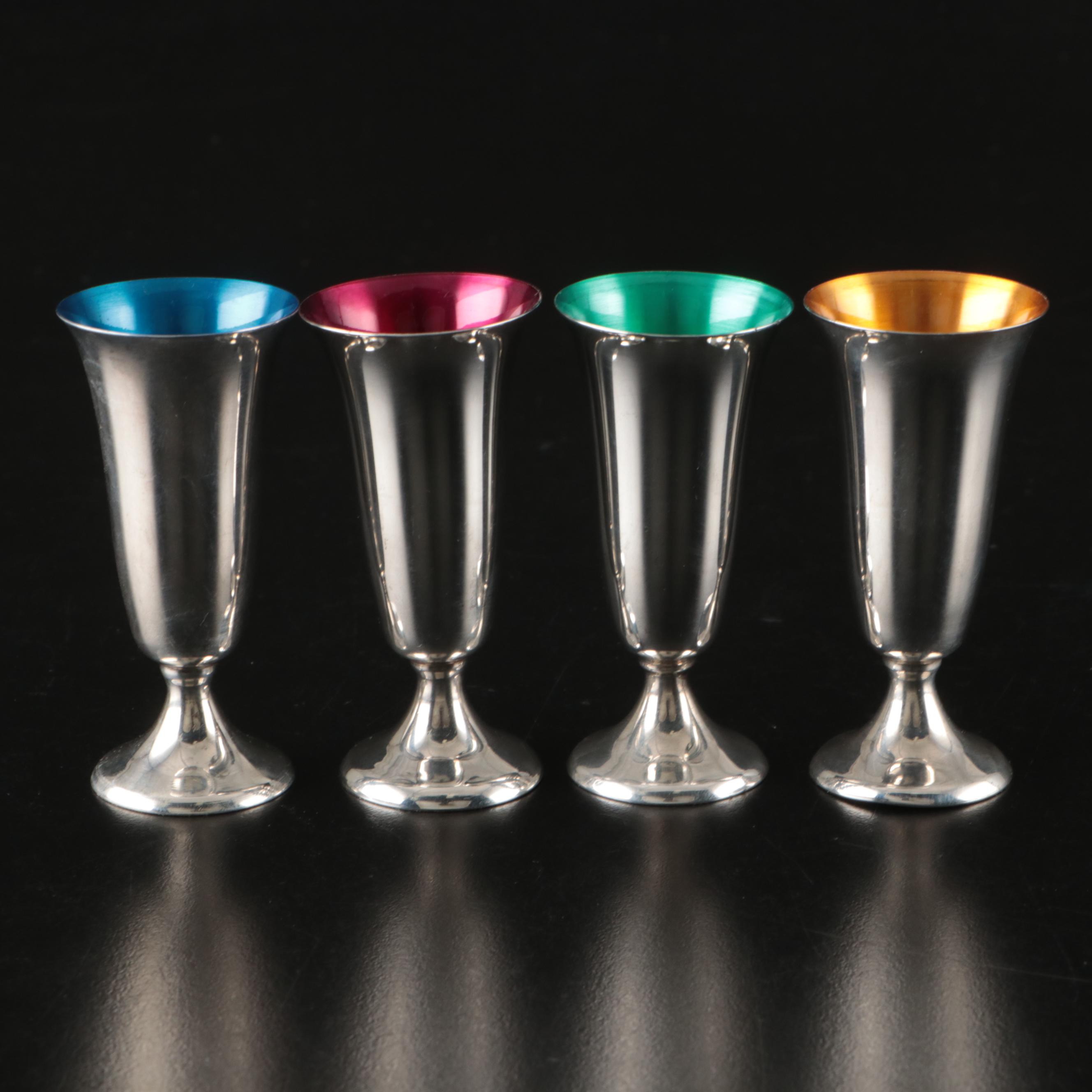 Gorham Sterling Silver Cordial Cups and Silver Plate Round Tray