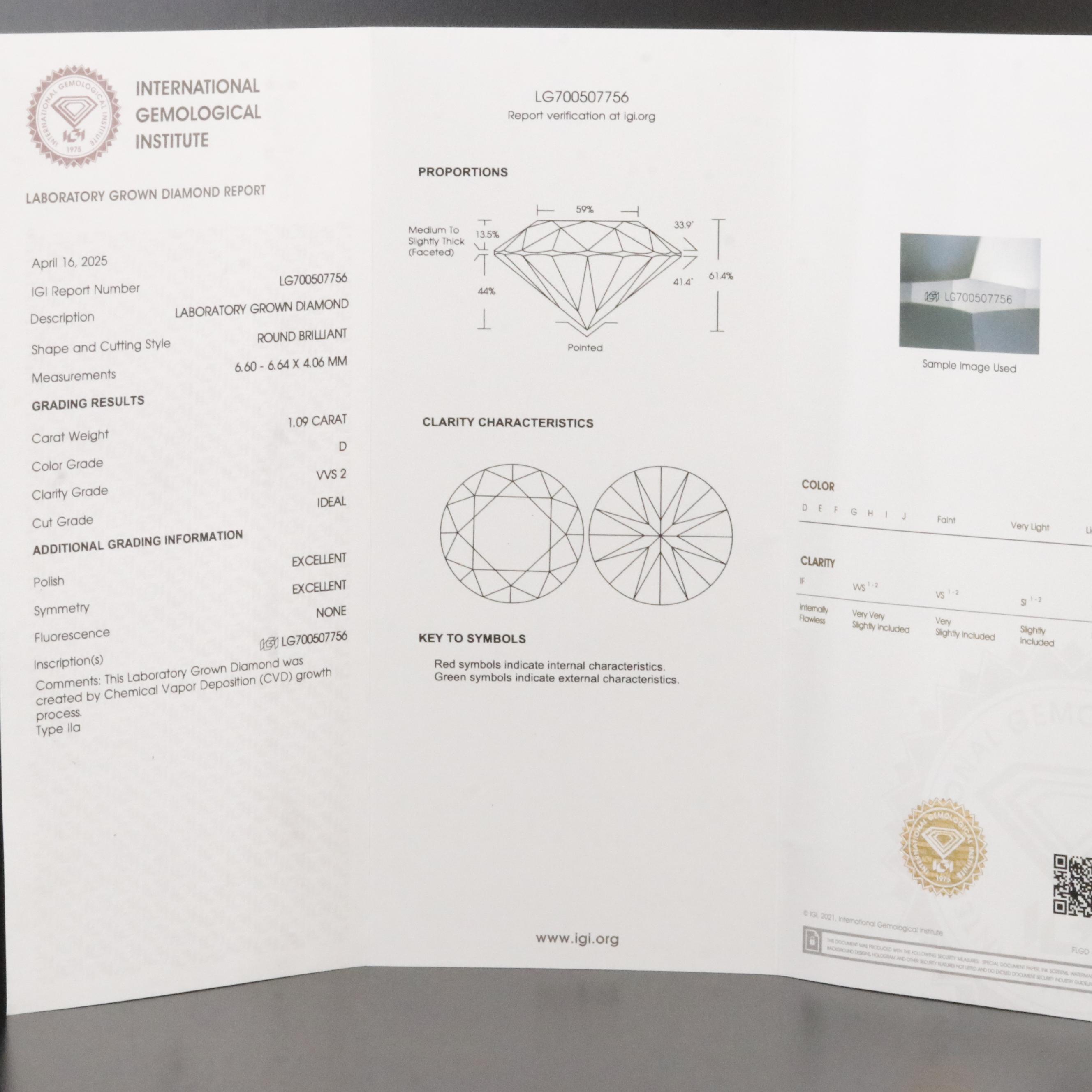 Loose 1.09 CT Lab Grown Diamond with IGI Report