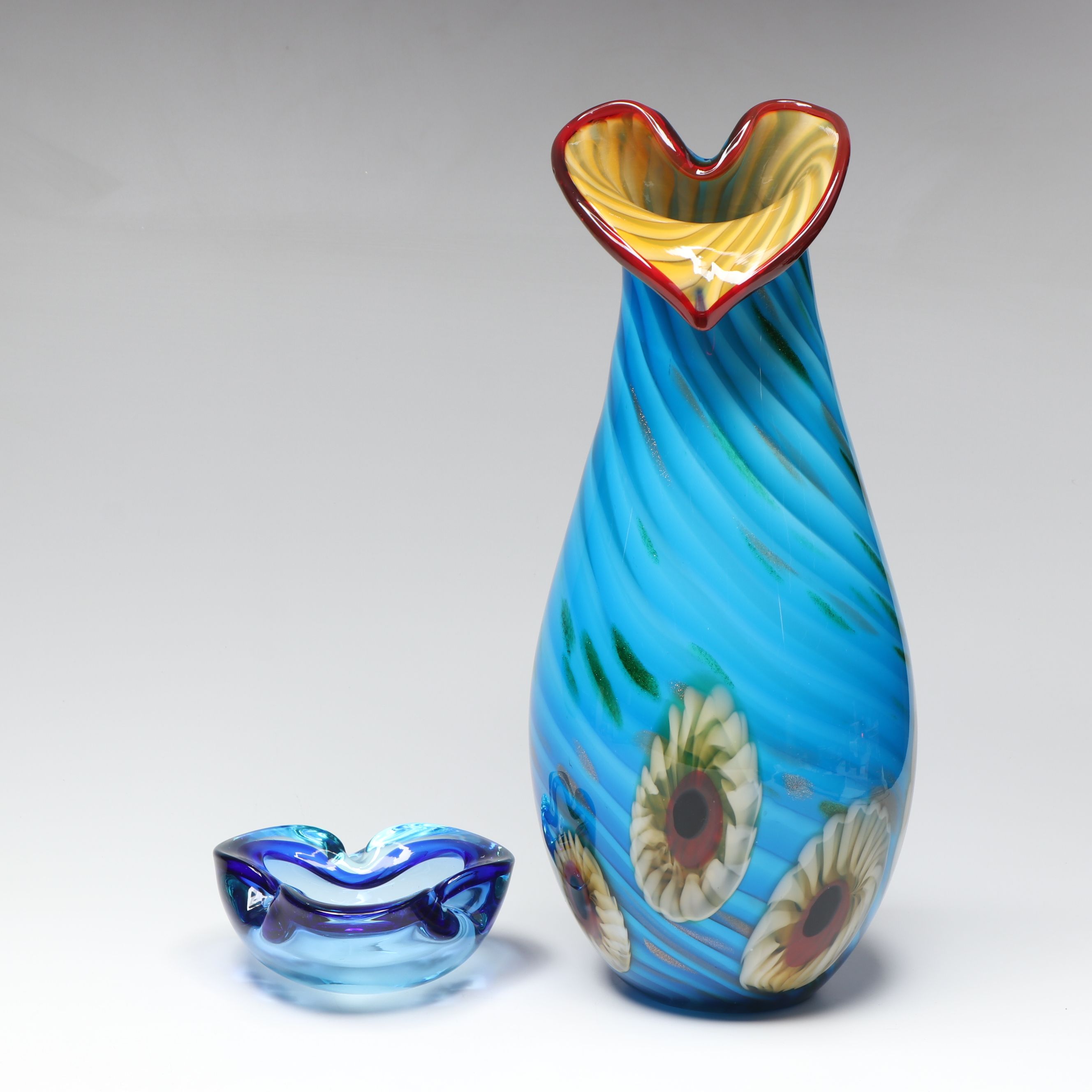 Murano Style Millefiori Calla Lily Glass Vase with Summerso Blue Ashtray