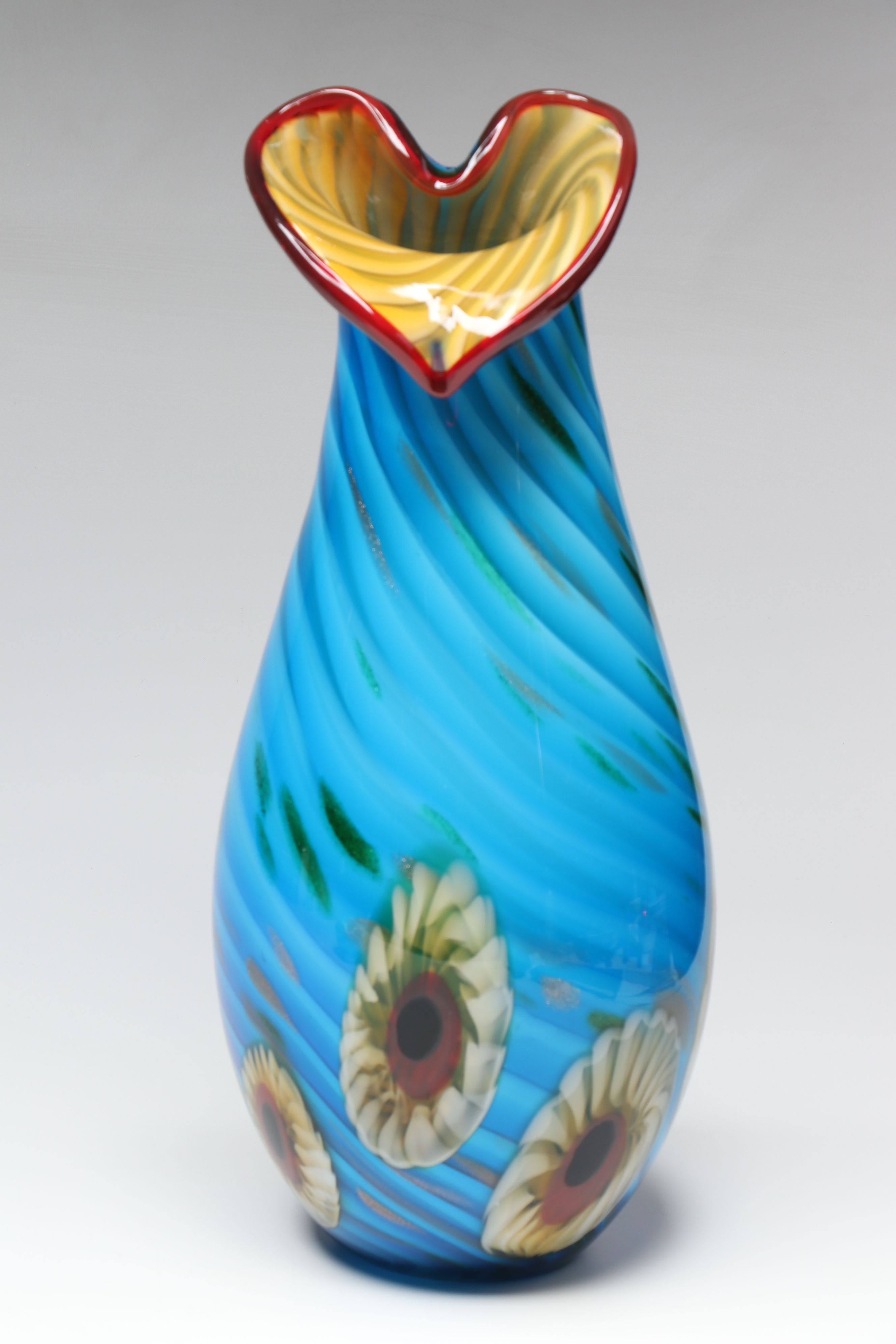 Murano Style Millefiori Calla Lily Glass Vase with Summerso Blue Ashtray