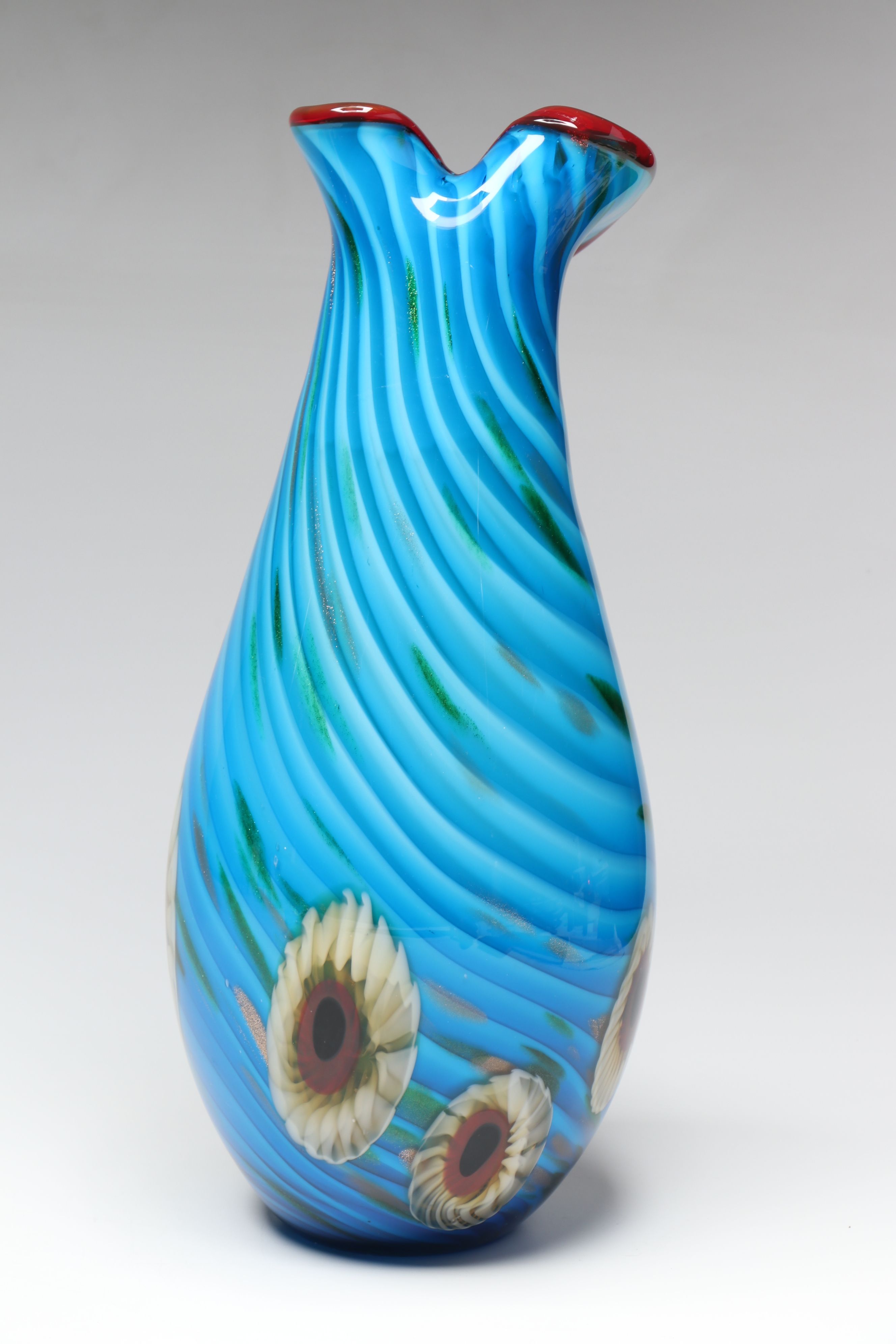 Murano Style Millefiori Calla Lily Glass Vase with Summerso Blue Ashtray