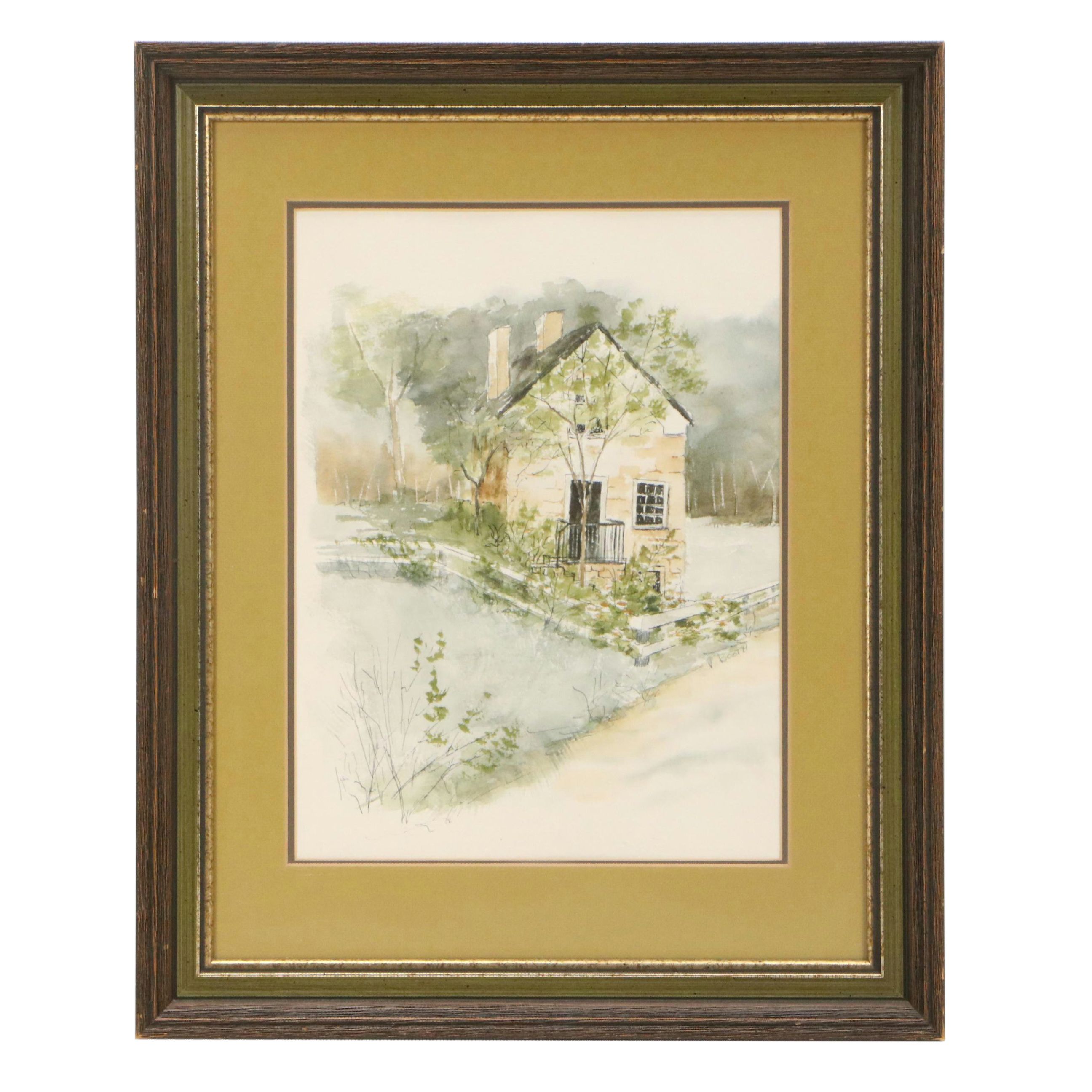 J. Booth Impressionistic Style Landscape Watercolor Painting of Cottage