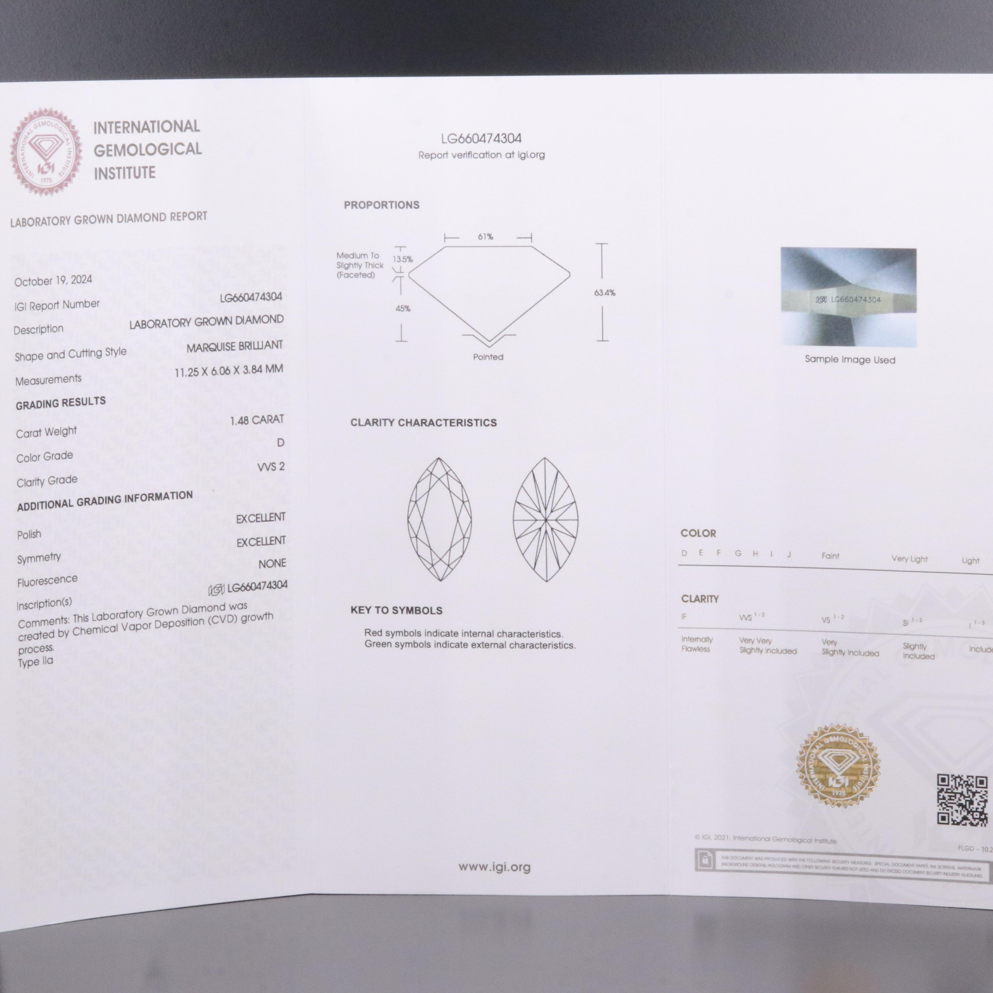 Loose 1.48 CT Lab Grown Diamond with IGI Report