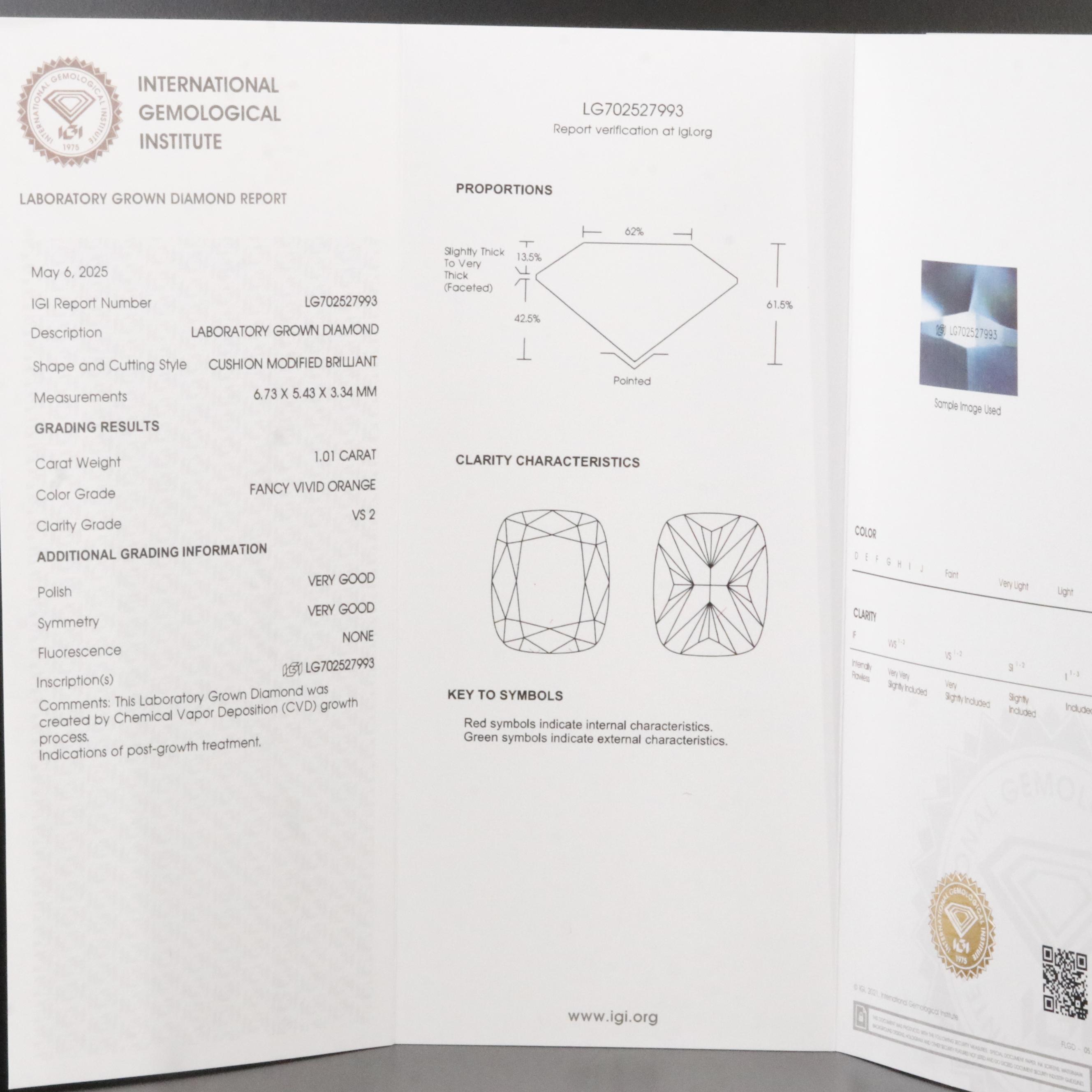 Loose 1.01 CT Lab Grown Fancy Orange Diamond with IGI Report