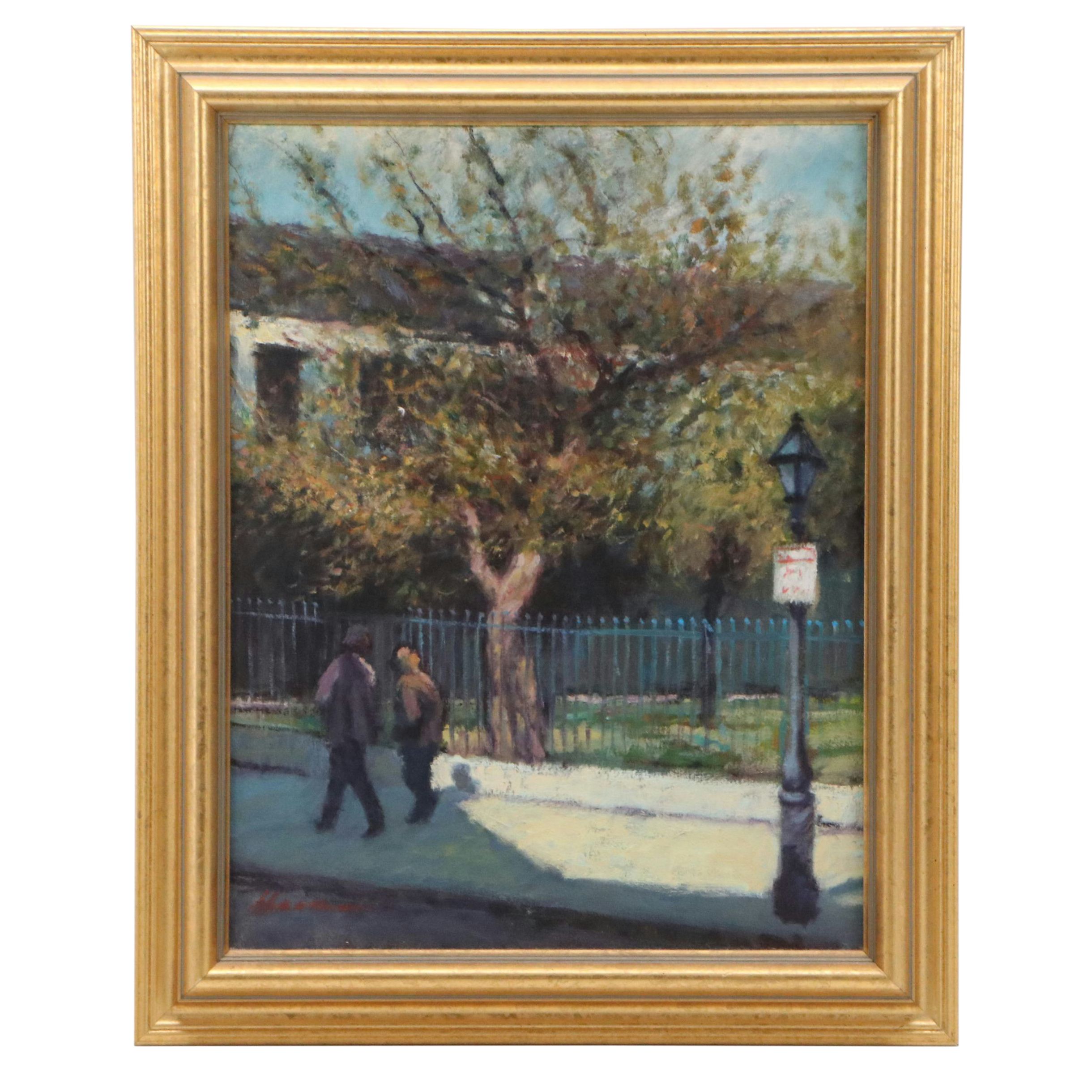 Impressionistic Style Street Scene Oil Painting, Late 20th Century