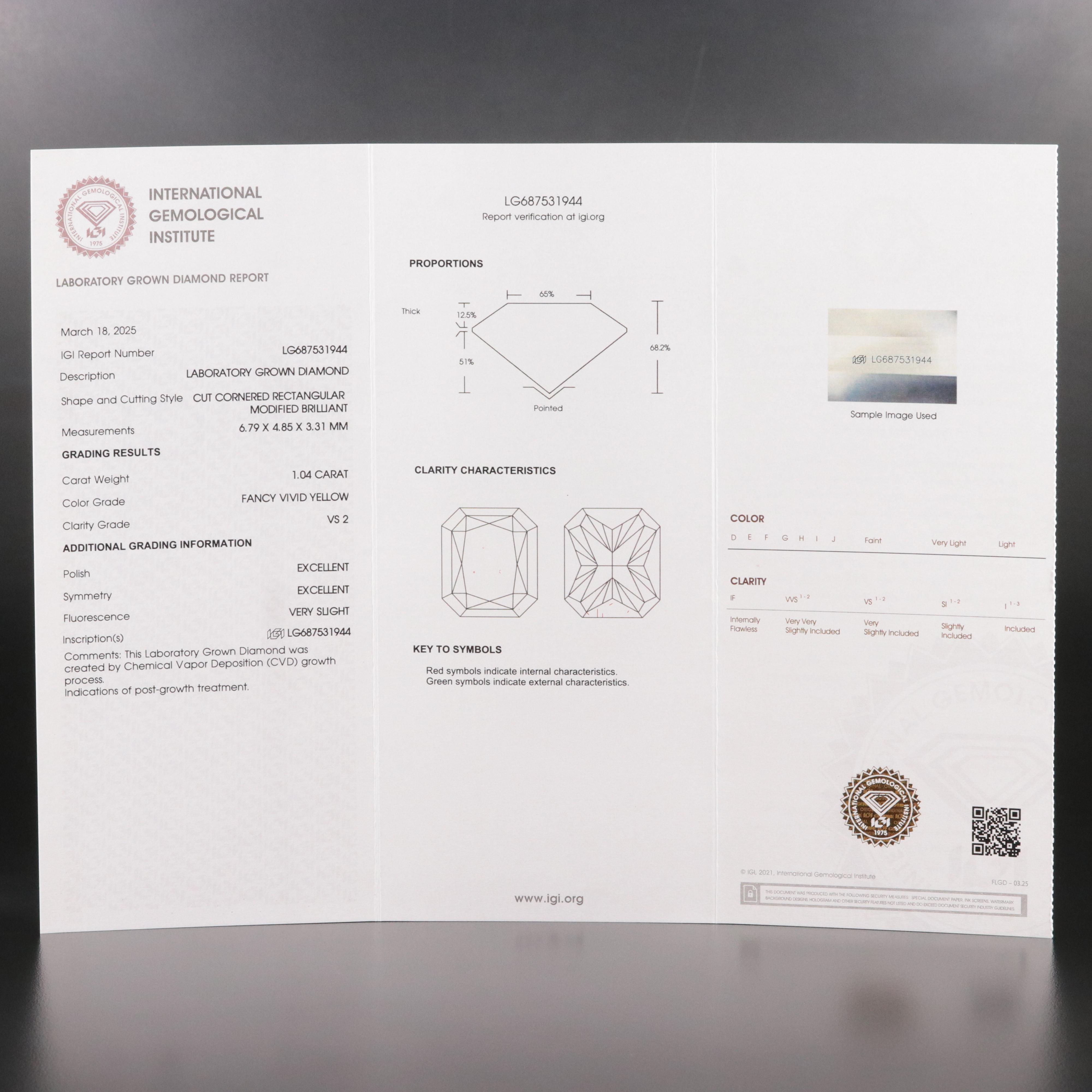 Loose 1.04 CT Lab Grown Fancy Yellow Diamond with IGI Report