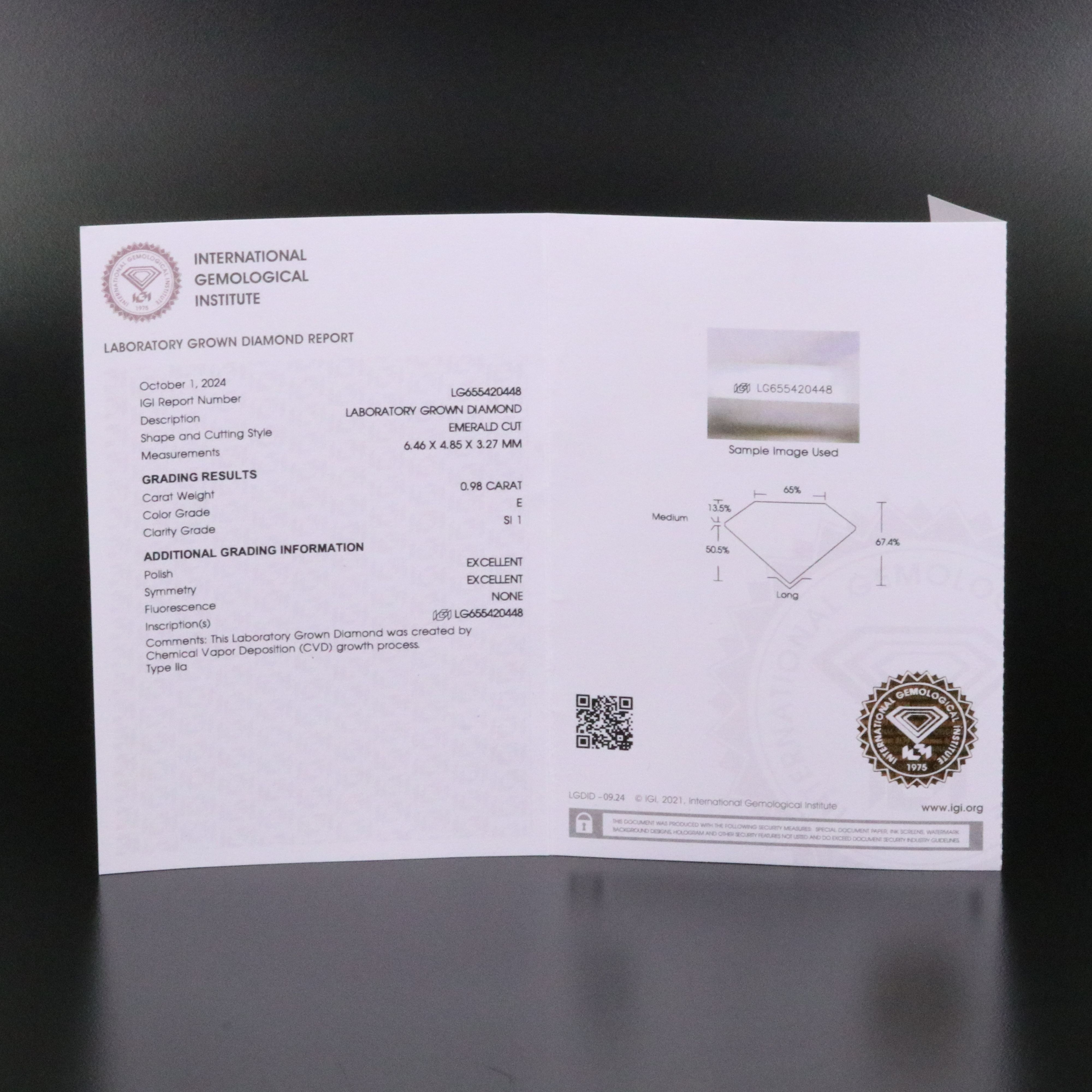 Loose 0.98 CT Lab Grown Diamond with IGI Report