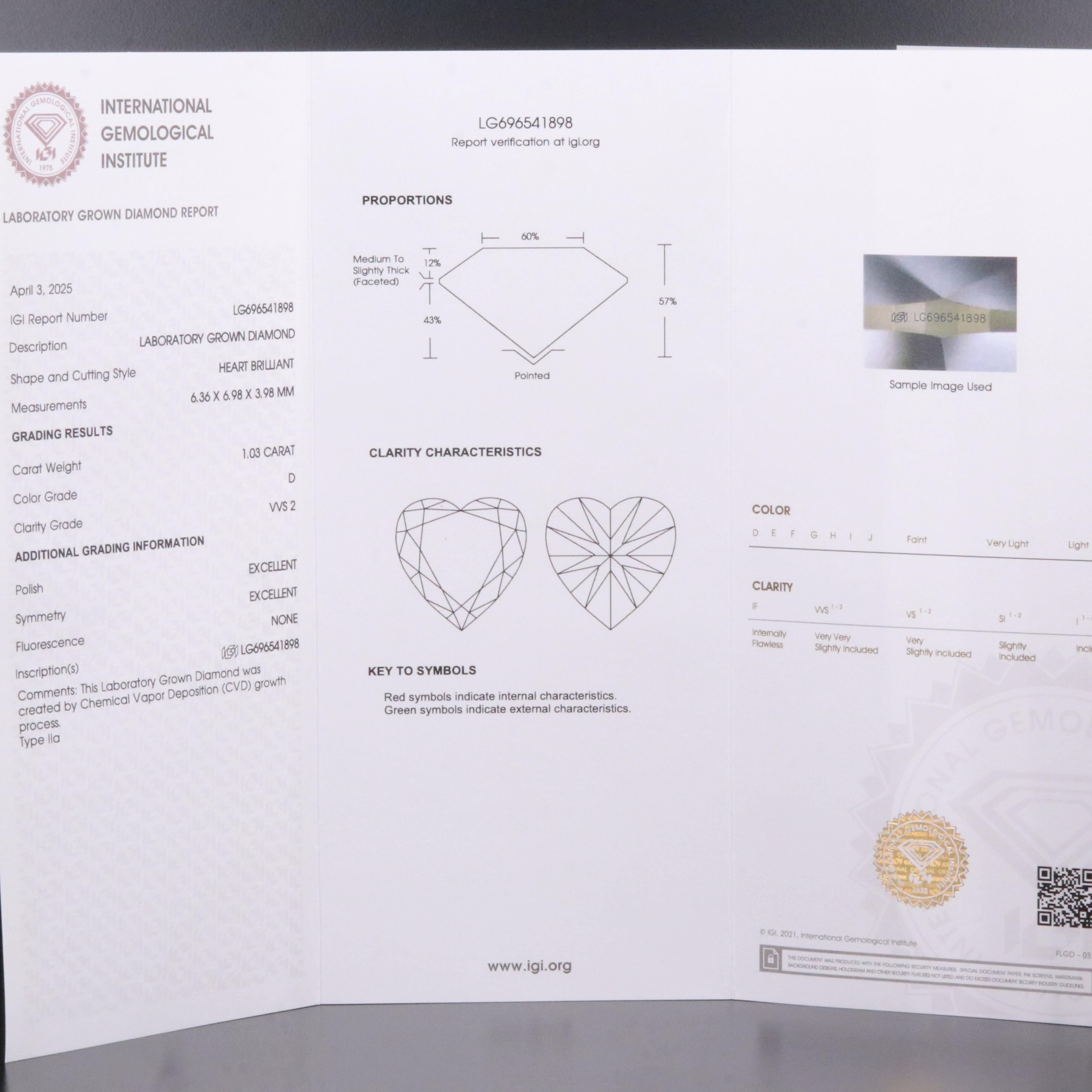 Loose 1.03 CT Lab Grown Diamond with IGI Report