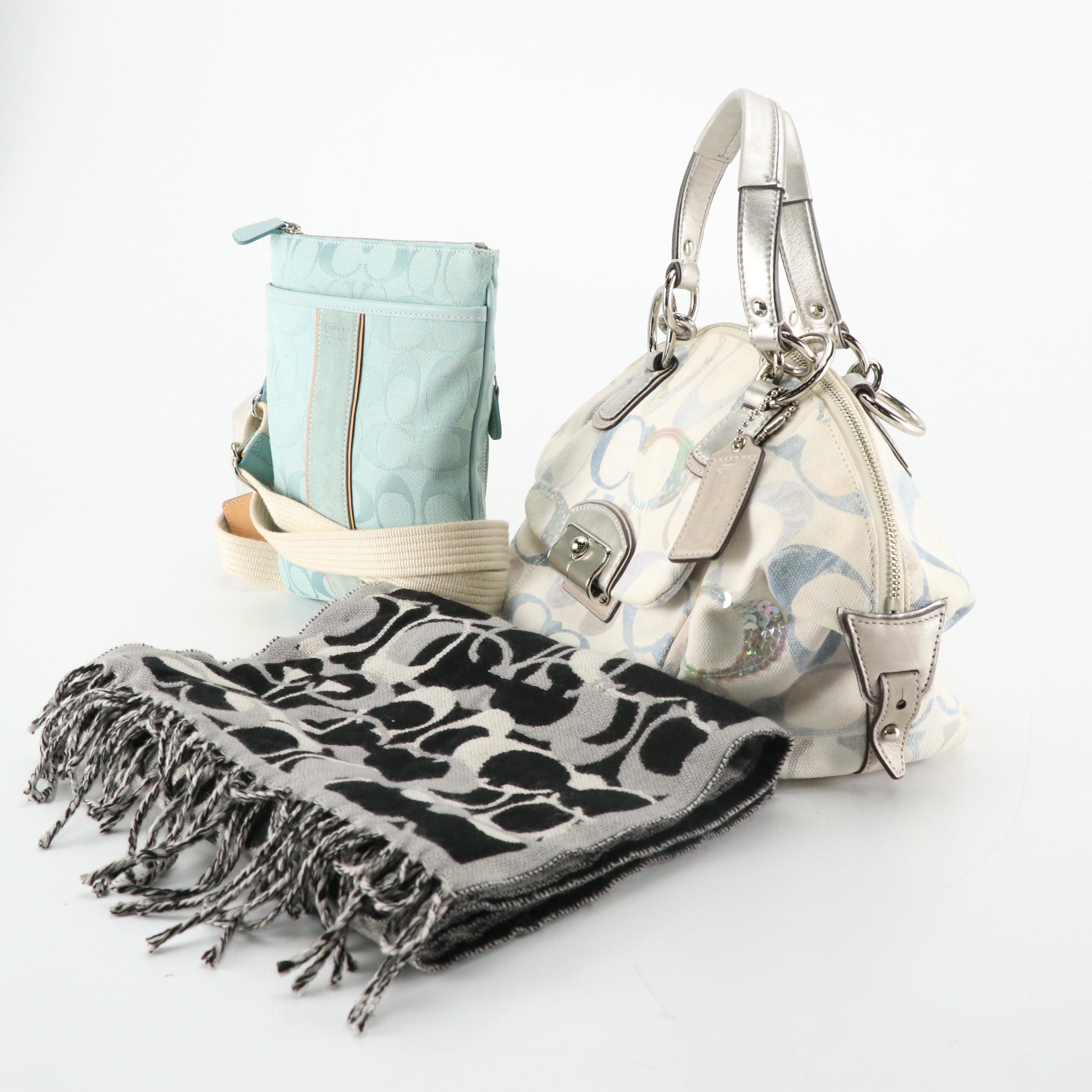 Coach Teal Signature Canvas Sling Pack, Kristin Sequin Satchel and Wool Scarf