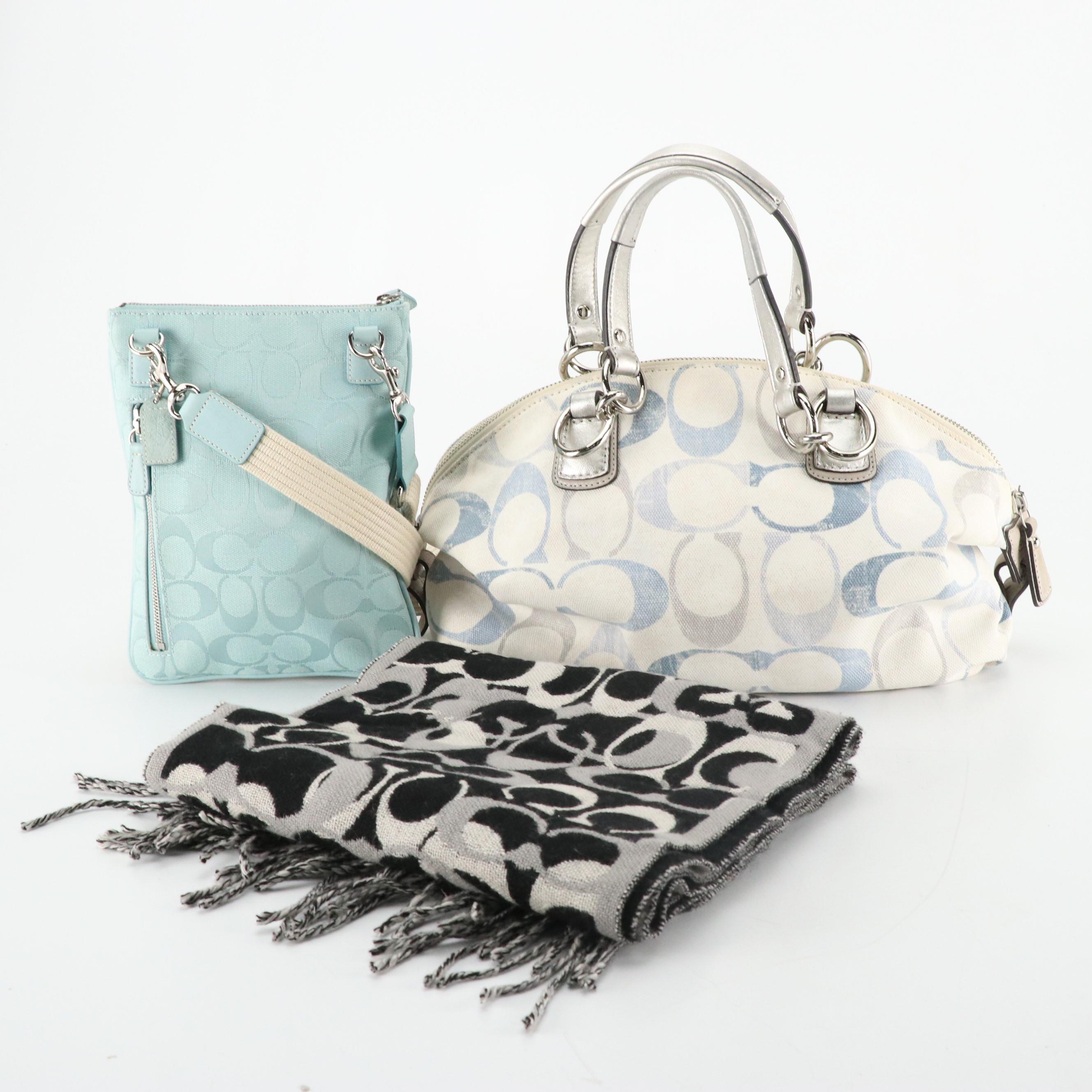 Coach Teal Signature Canvas Sling Pack, Kristin Sequin Satchel and Wool Scarf