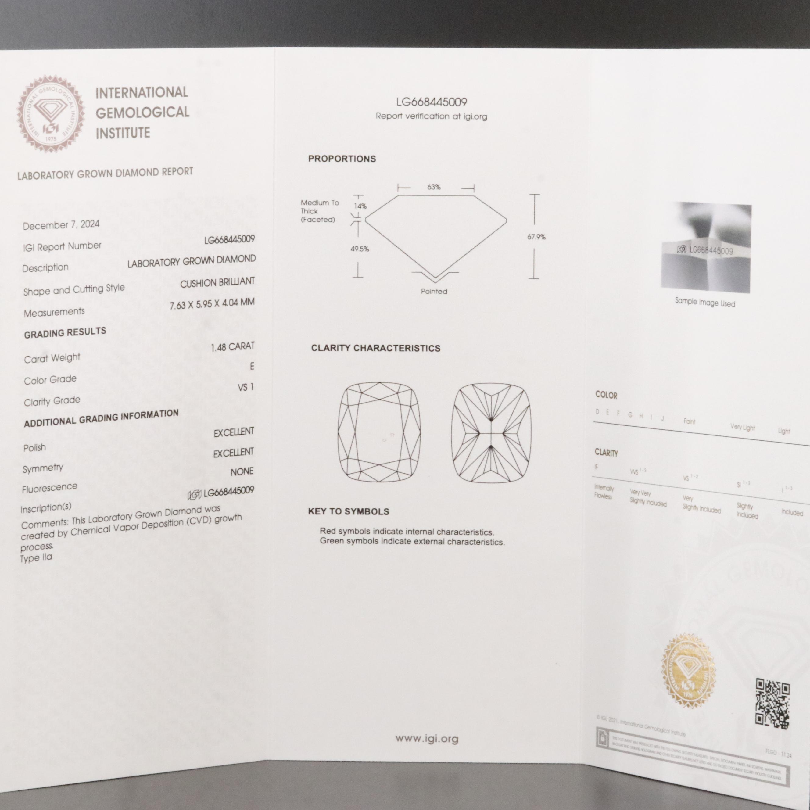 Loose 1.48 CT Lab Grown Diamond with IGI Report