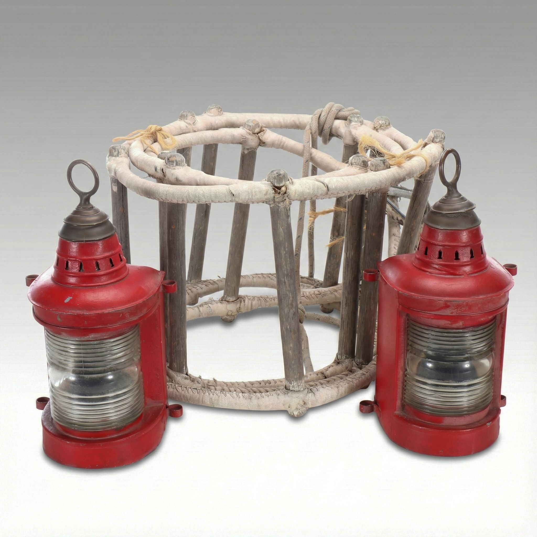Primitive Style Plant Holder with Red Metal Lanterns