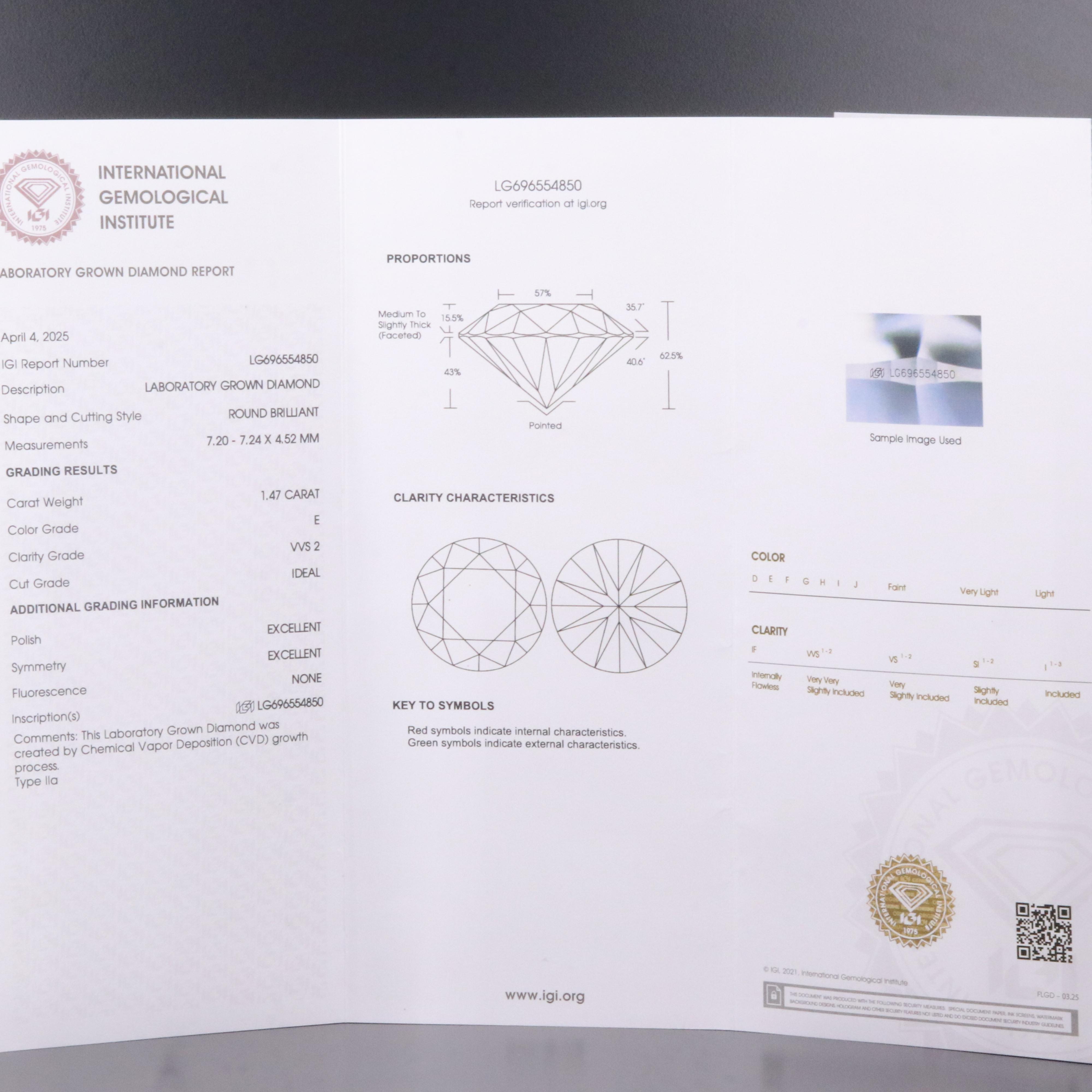 Loose 1.47 CT Lab Grown Diamond with IGI Report