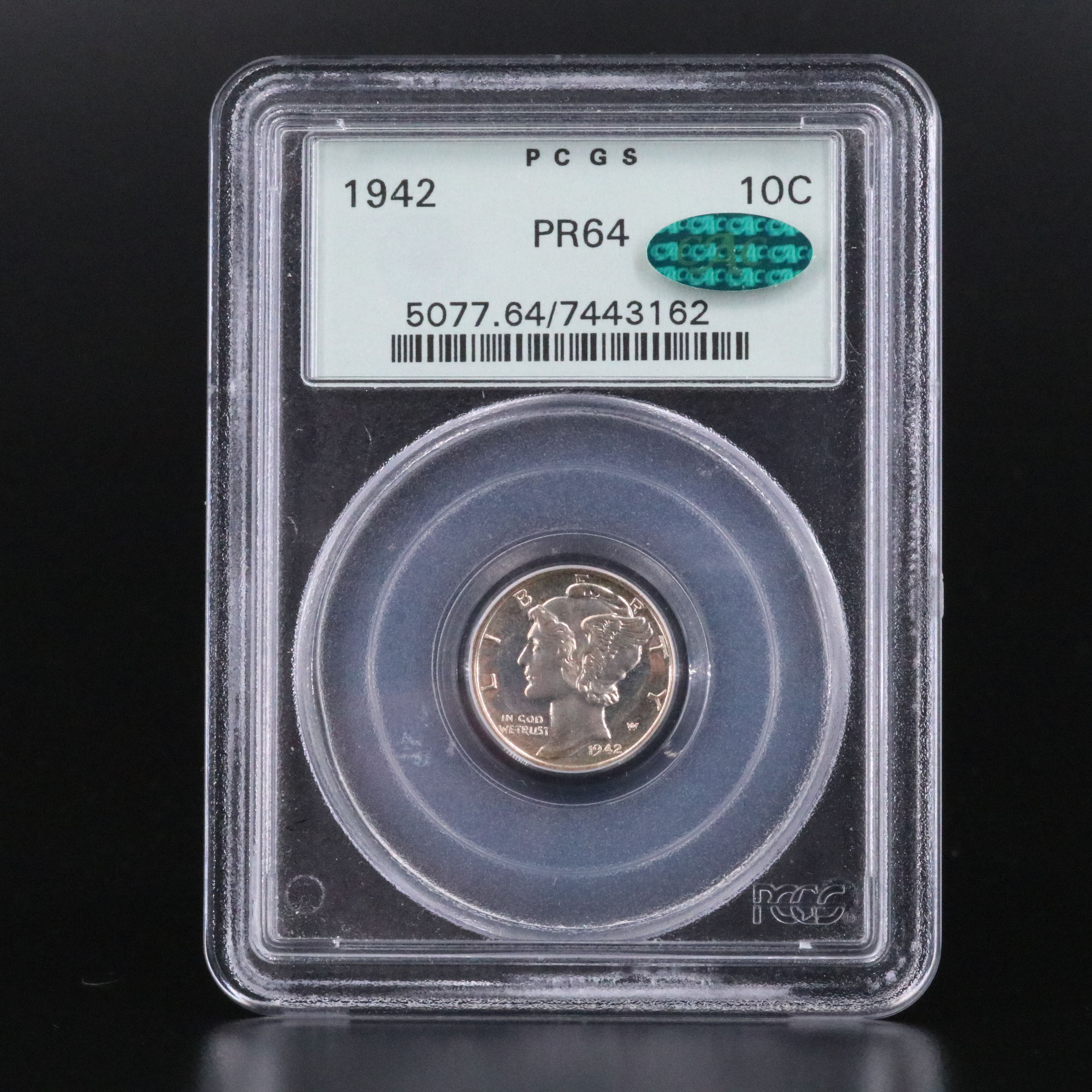 PCGS PR64 1942 Mercury Dime with CAC Sticker