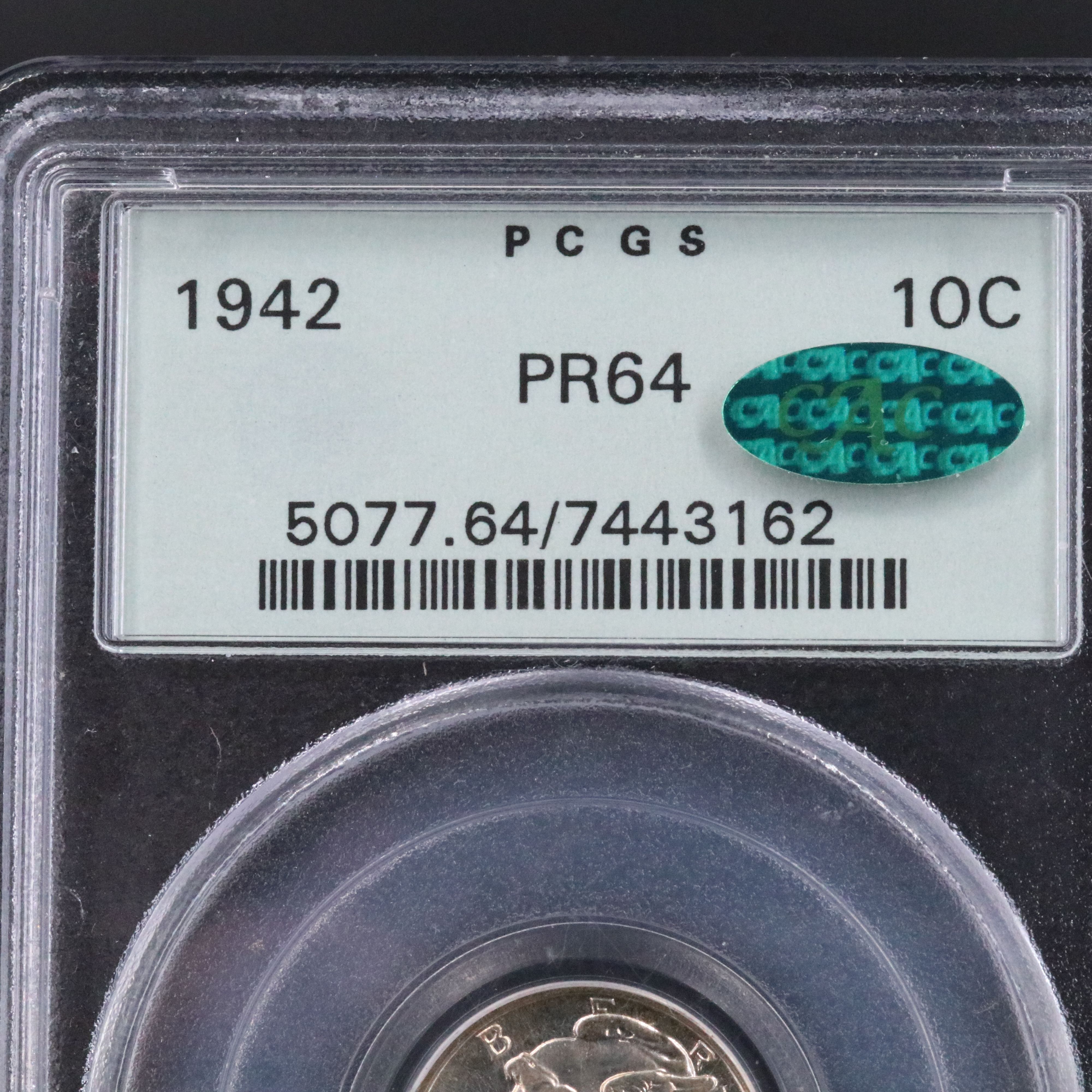 PCGS PR64 1942 Mercury Dime with CAC Sticker
