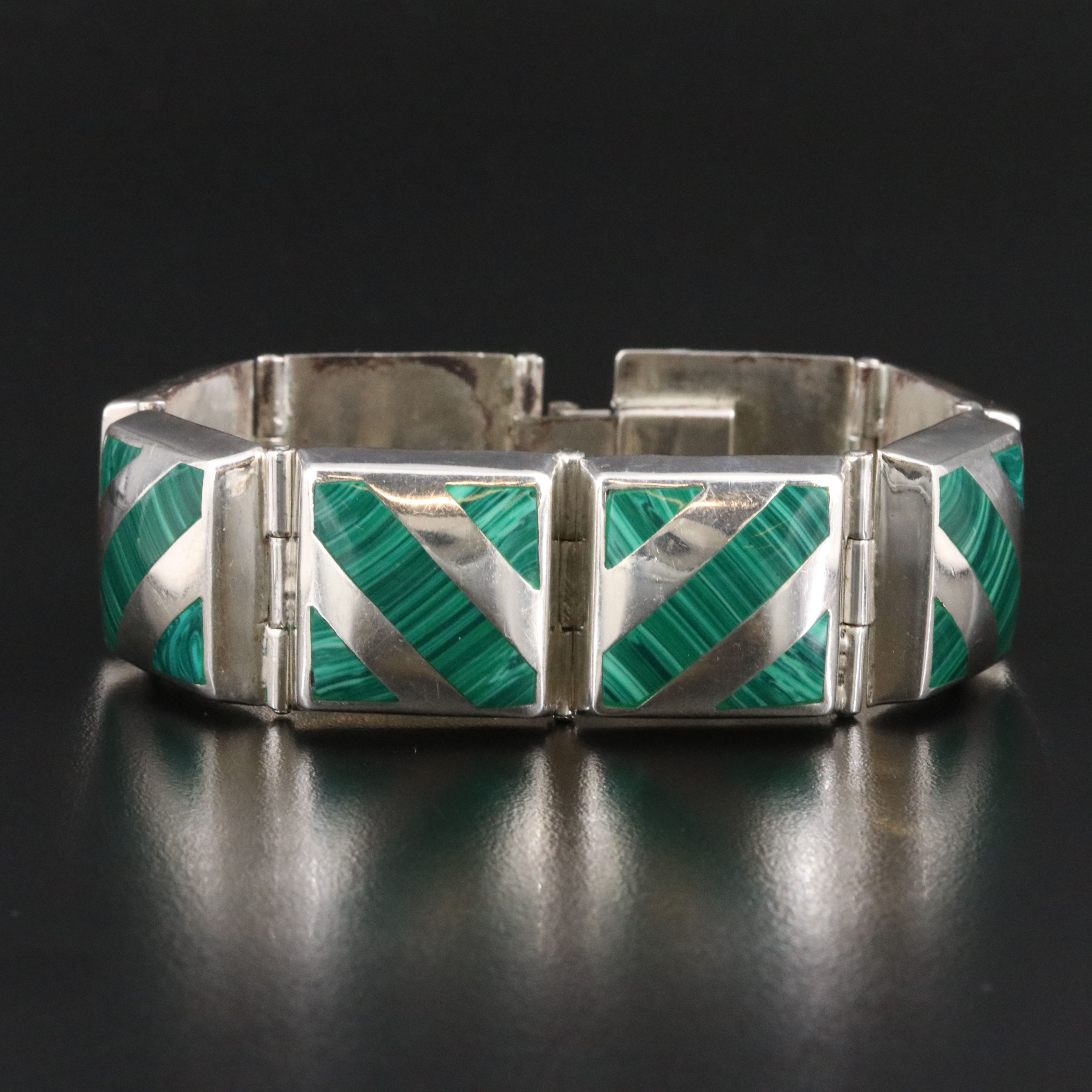 Mexican Modernist Sterling Faux Malachite Inlay Panel Bracelet