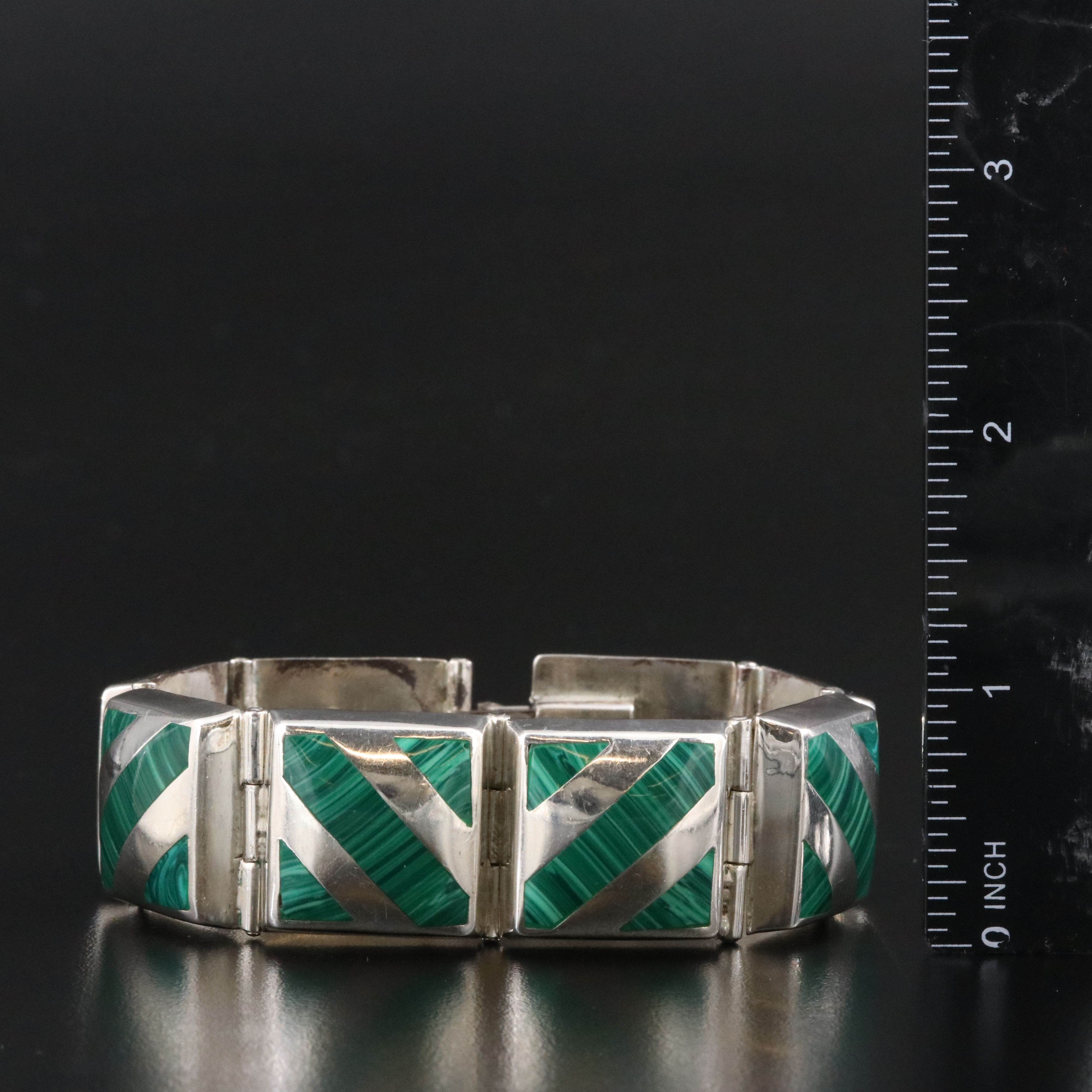 Mexican Modernist Sterling Faux Malachite Inlay Panel Bracelet