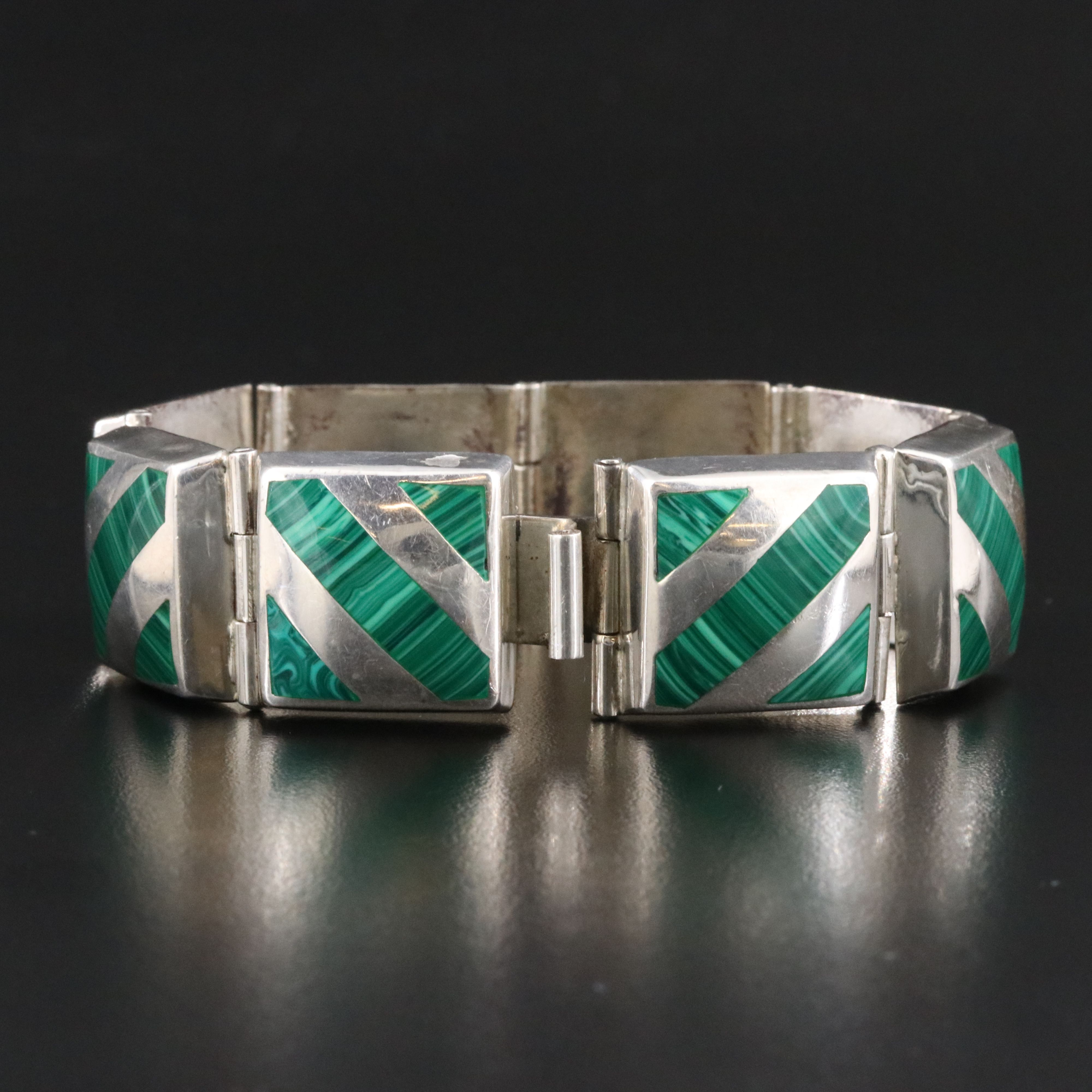 Mexican Modernist Sterling Faux Malachite Inlay Panel Bracelet