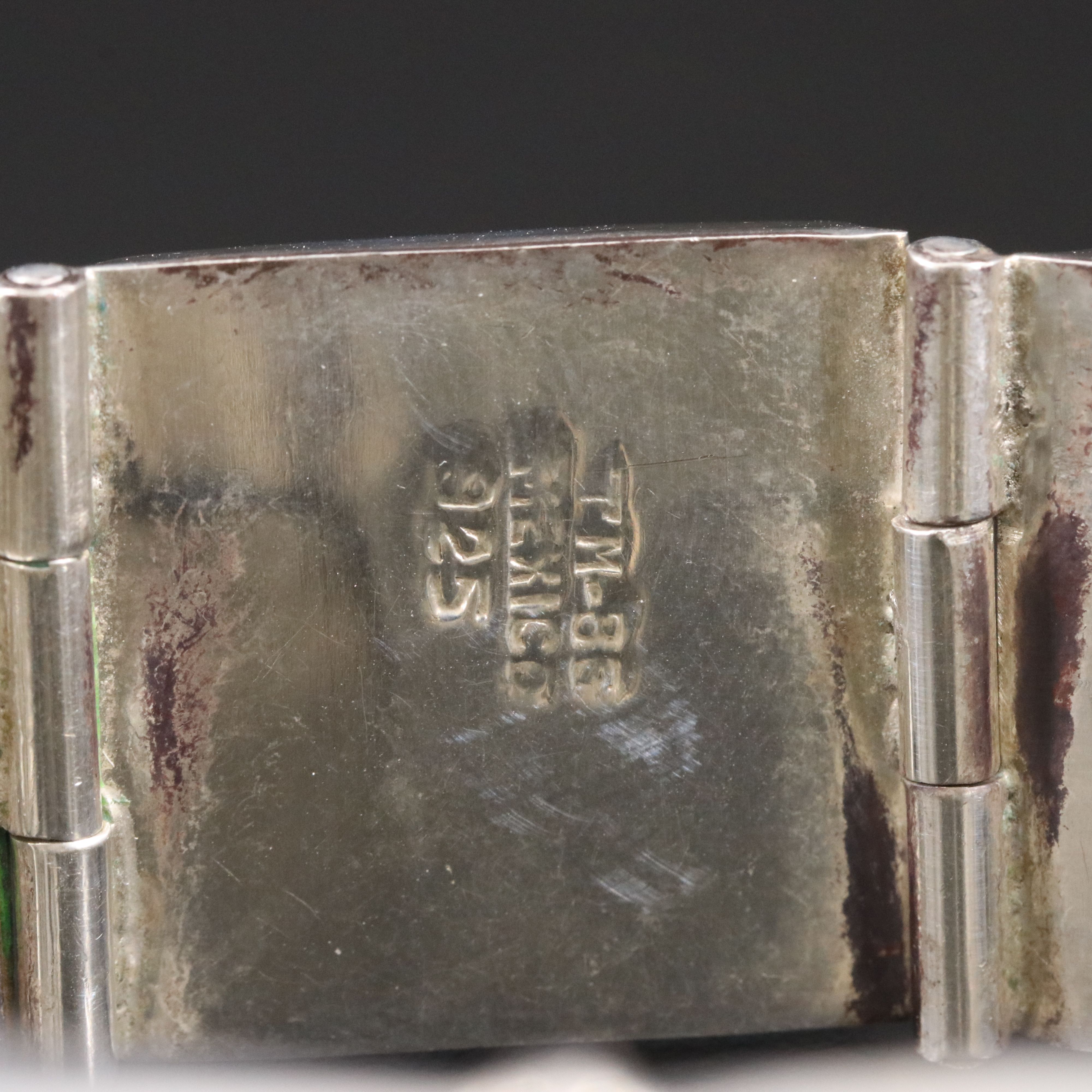 Mexican Modernist Sterling Faux Malachite Inlay Panel Bracelet