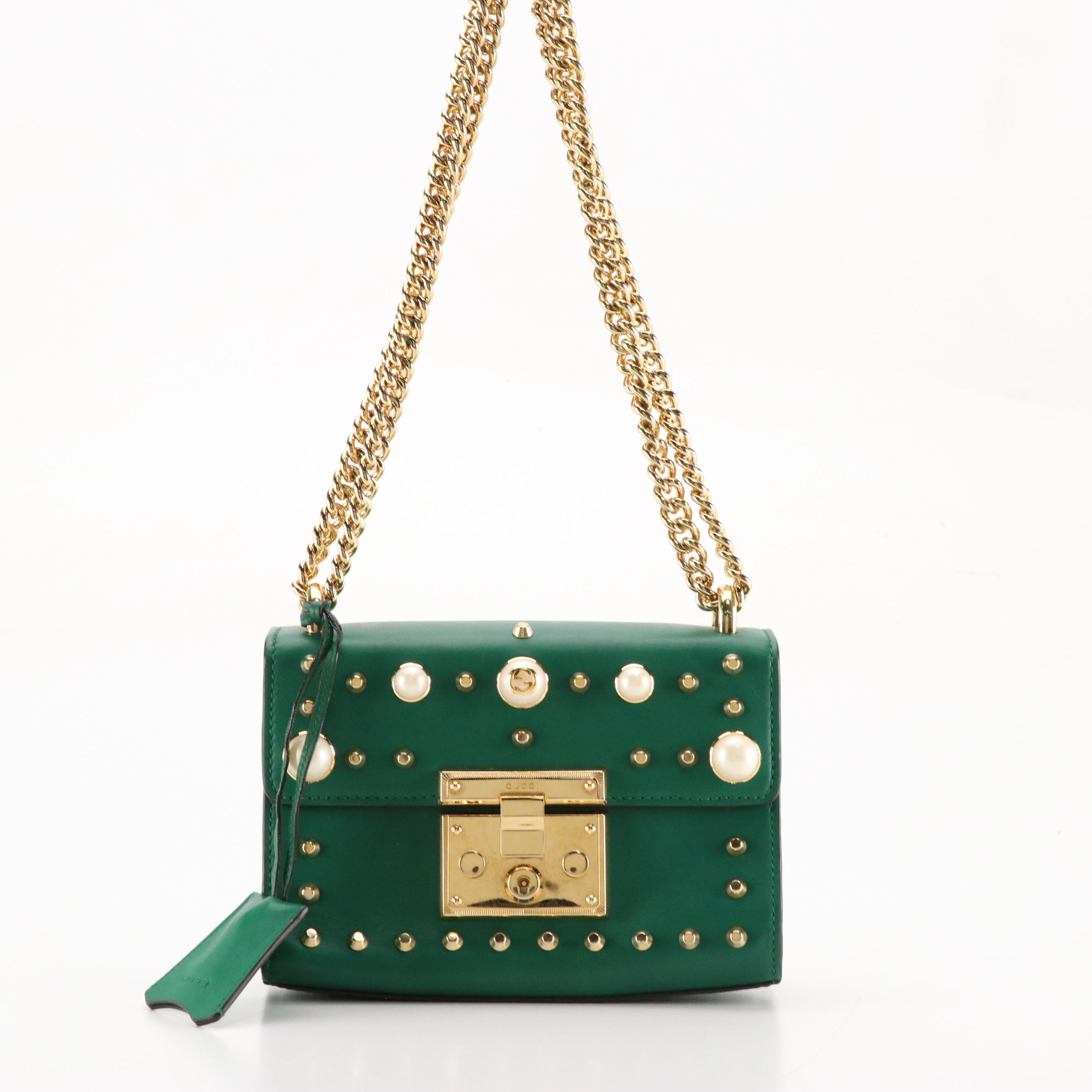 Gucci Padlock Shoulder Bag in Pearl Studded Emerald Green Calfskin Leather