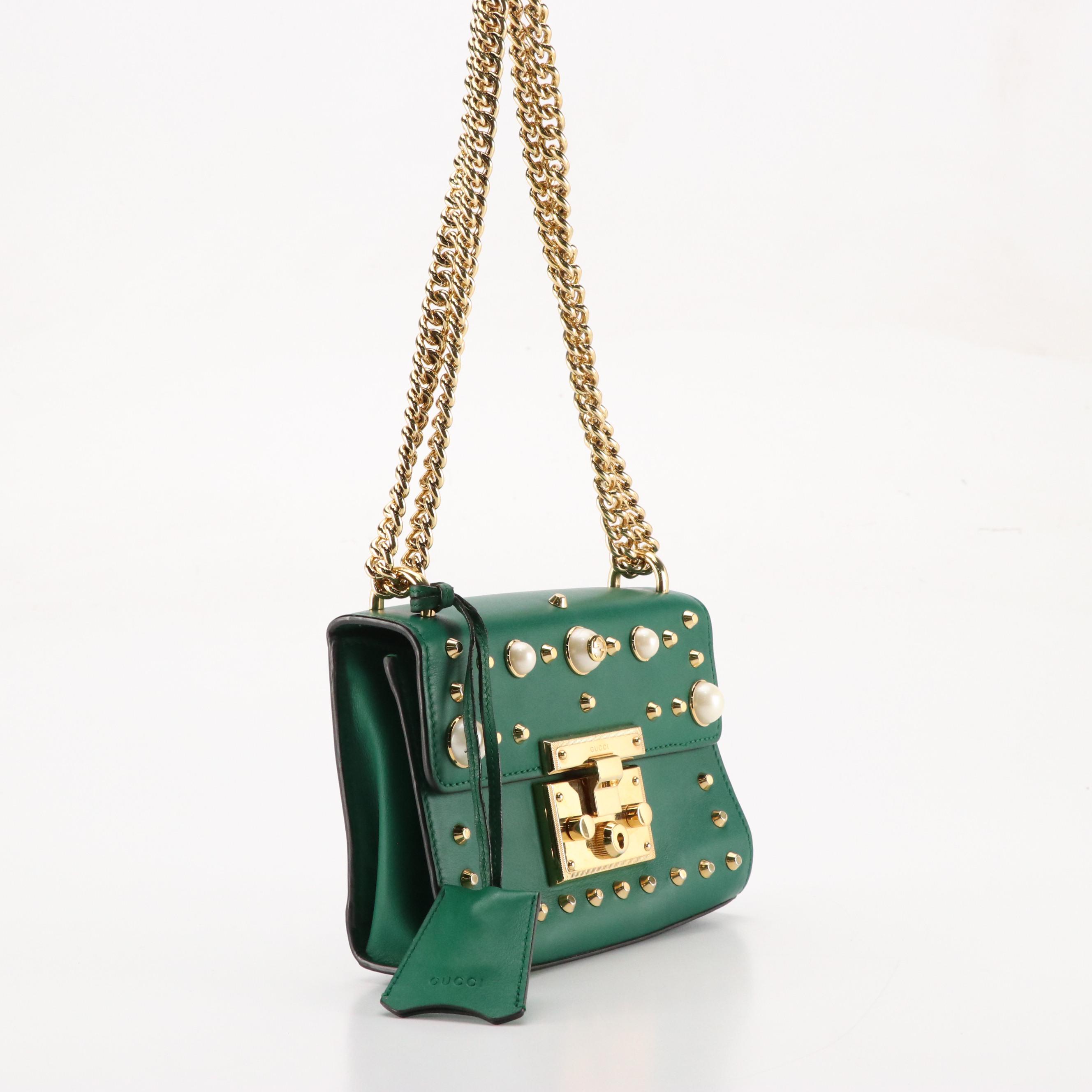 Gucci Padlock Shoulder Bag in Pearl Studded Emerald Green Calfskin Leather