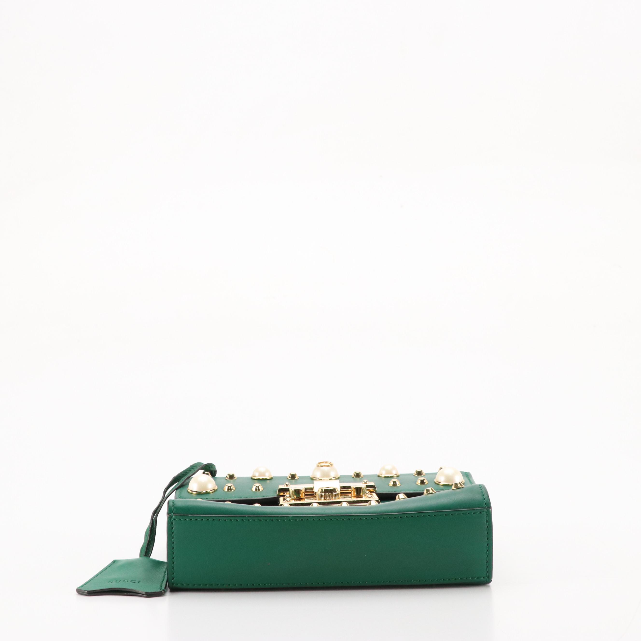 Gucci Padlock Shoulder Bag in Pearl Studded Emerald Green Calfskin Leather