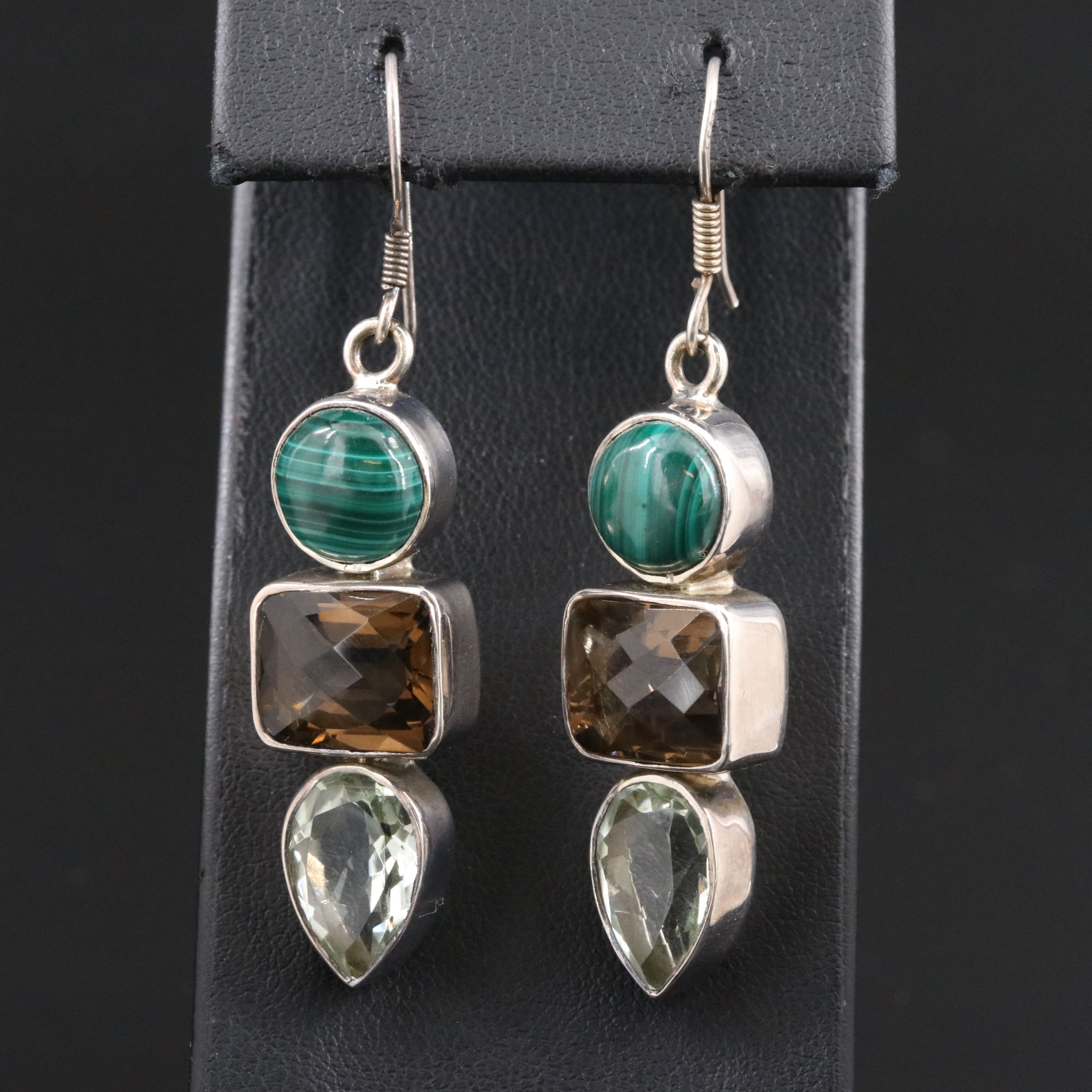 Sterling Malachite, Smoky Quartz and Prasiolite Drop Earrings